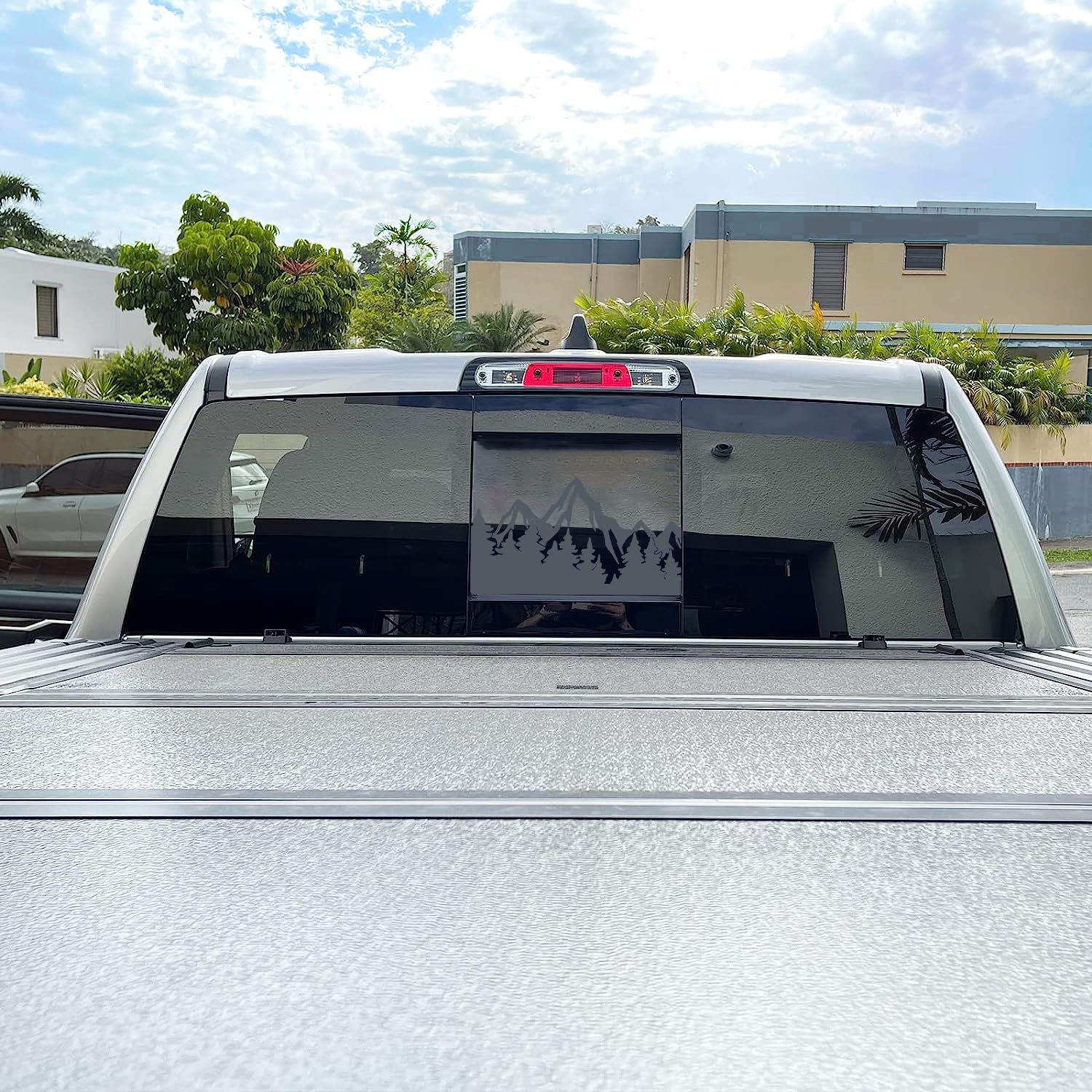 Xinghe For Dodge Ram 2009 To 2023, Mountain Decals Stickers For Truck Back Middle Window, Matte Black Decal For Truck Back Slidi