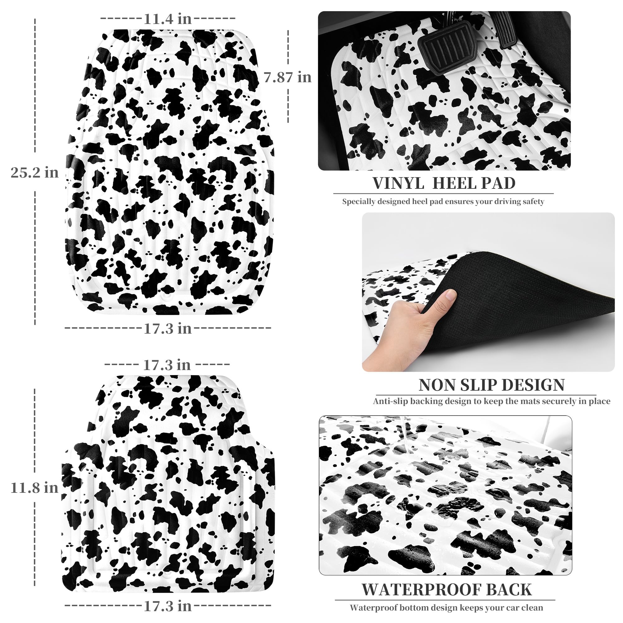 Cass Pass Leather Cow Print Car Floor Mats, 3D Waterproof All Weather, Universal Trim To Fit & Anti-Slip Burr Bottom, Safety & L