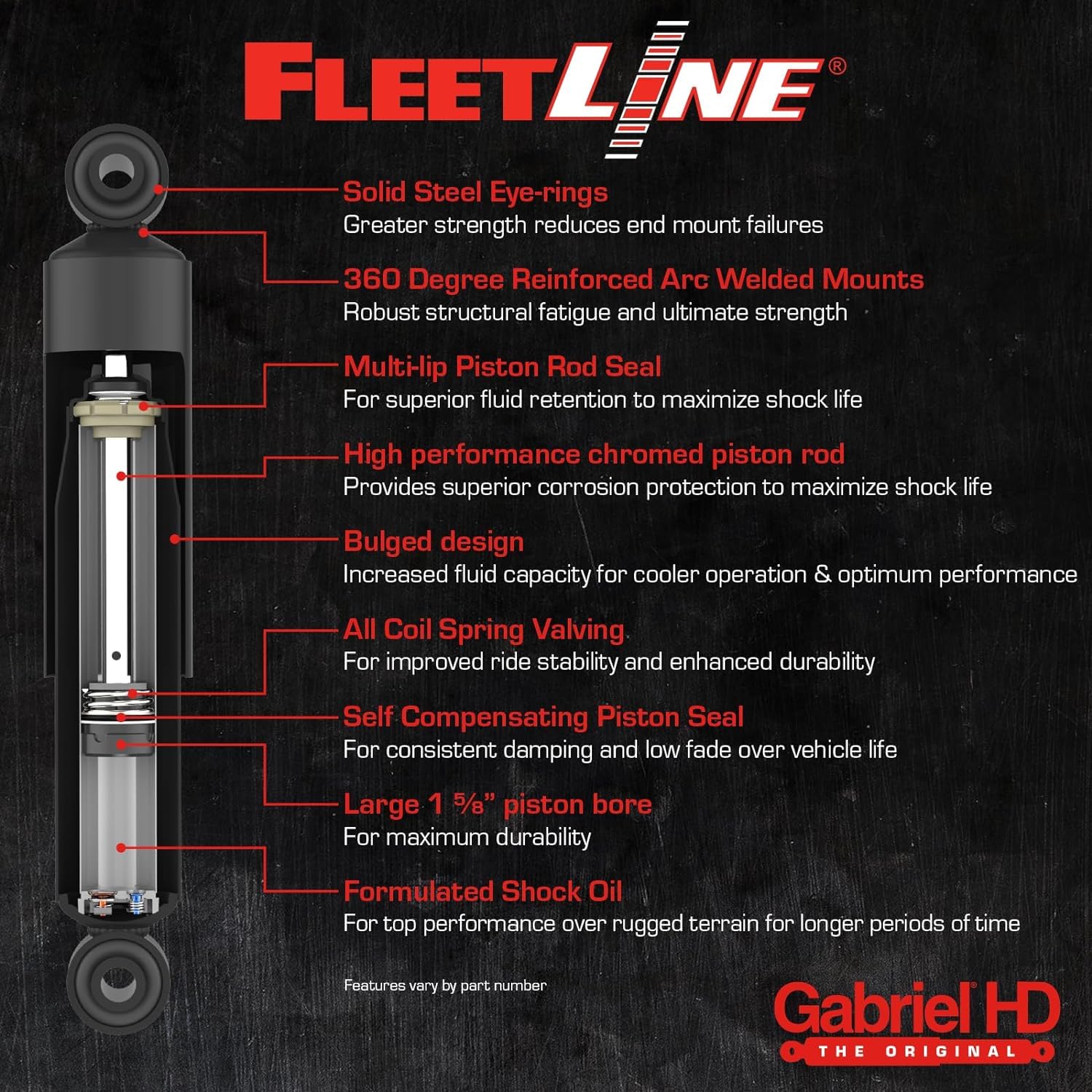 Gabriel 83166 Fleetline Heavy Duty Rear Shock Absorbers For Hendrickson; Hino 238, 258Alp, 268, 268A, 338, 358, L6 L7 L8 Xl7 Xl8