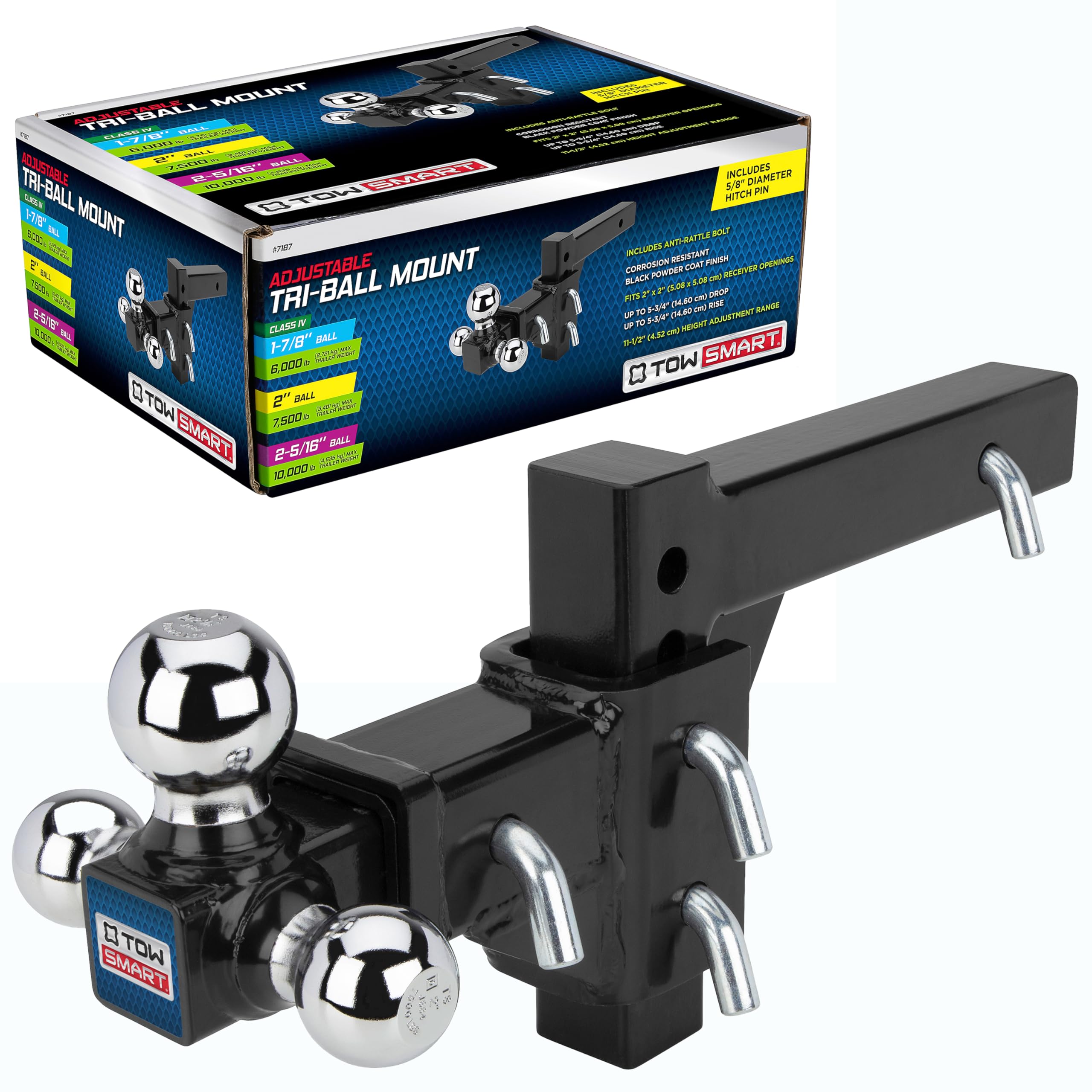 TowSmart Adjustable Tri-Ball Mount Hitch, 6,000-10,000 lbs Capacity, 2 Receiver, 11.5 Height Adjustment, Corrosion-Resistant