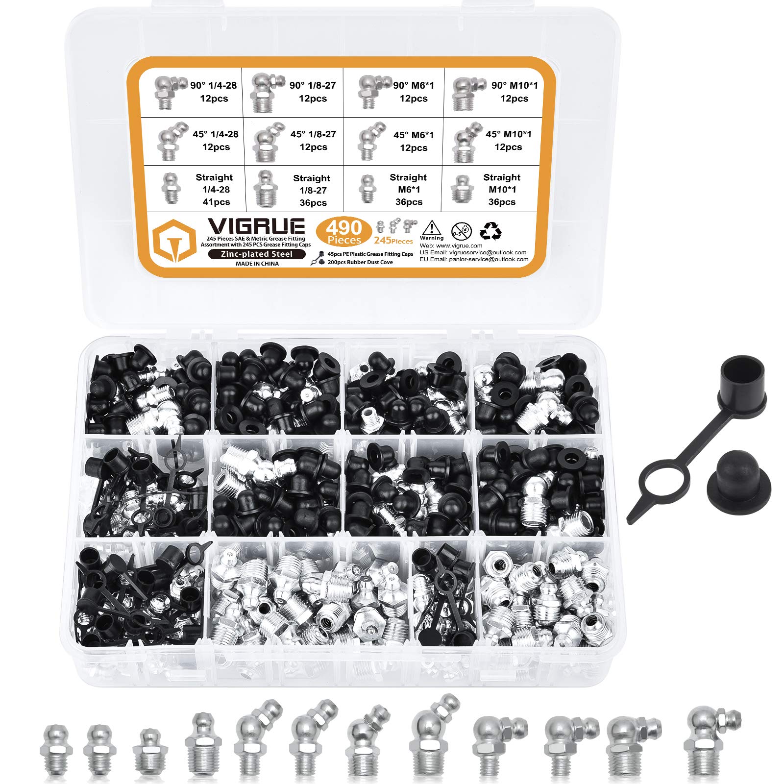 Vigrue 490 Pcs Grease Fitting Assortment Kit With 245 Pcs Sae & Metric Grease Fittings And 245 Pcs Caps,Standard Grease Zerks, Straight And Angled Perfect For Replacing Missing Or Broken Zerk Fitting
