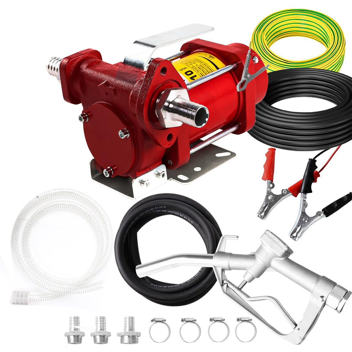 PRUNkuar 12V Fuel Transfer Pump w/Manual Nozzle & Hose, 10 GPM High Flow DC Diesel Transfer Pump, Heavy Duty Fuel Oil Transfer P