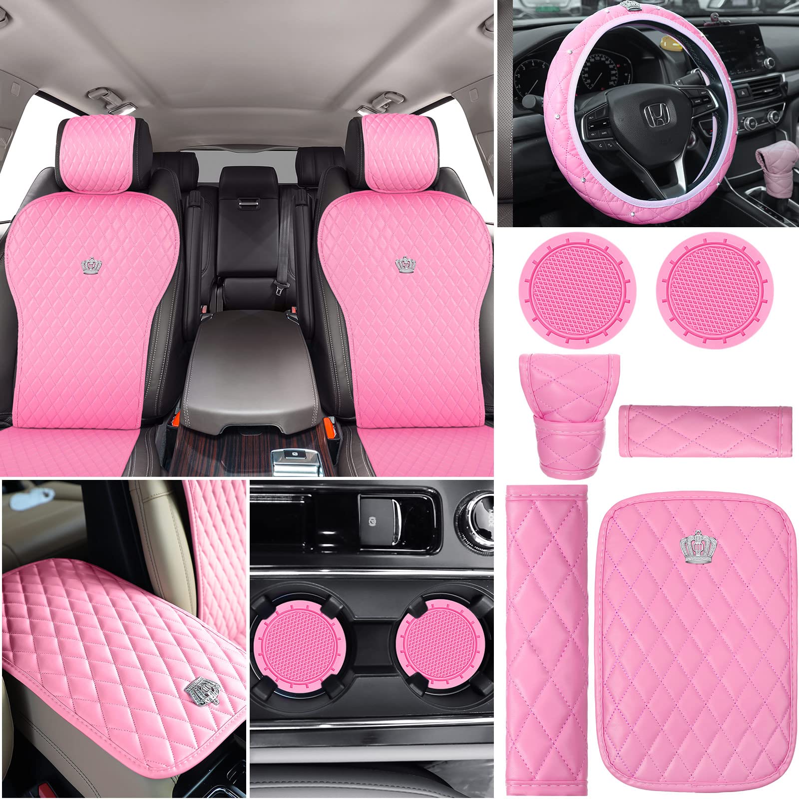 Tallew Pink Car Accessories Set Car Seat Covers Full Set Steering Wheel Cover Headrest Cover Center Console Pad Cup Cup Holders Seat Belt Pads Gear Cover For Women Girl Car Interior Decor (Full Set)