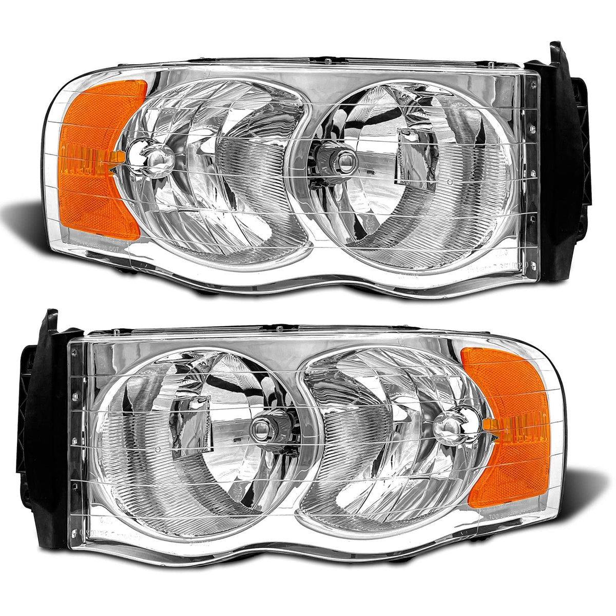 Adcarlights Headlight Assembly Compatible With 2002-2005 Dodge Ram Pickup Truck Chrome Housing With Amber Reflector Clear Lens Headlamp Replacement Left And Right