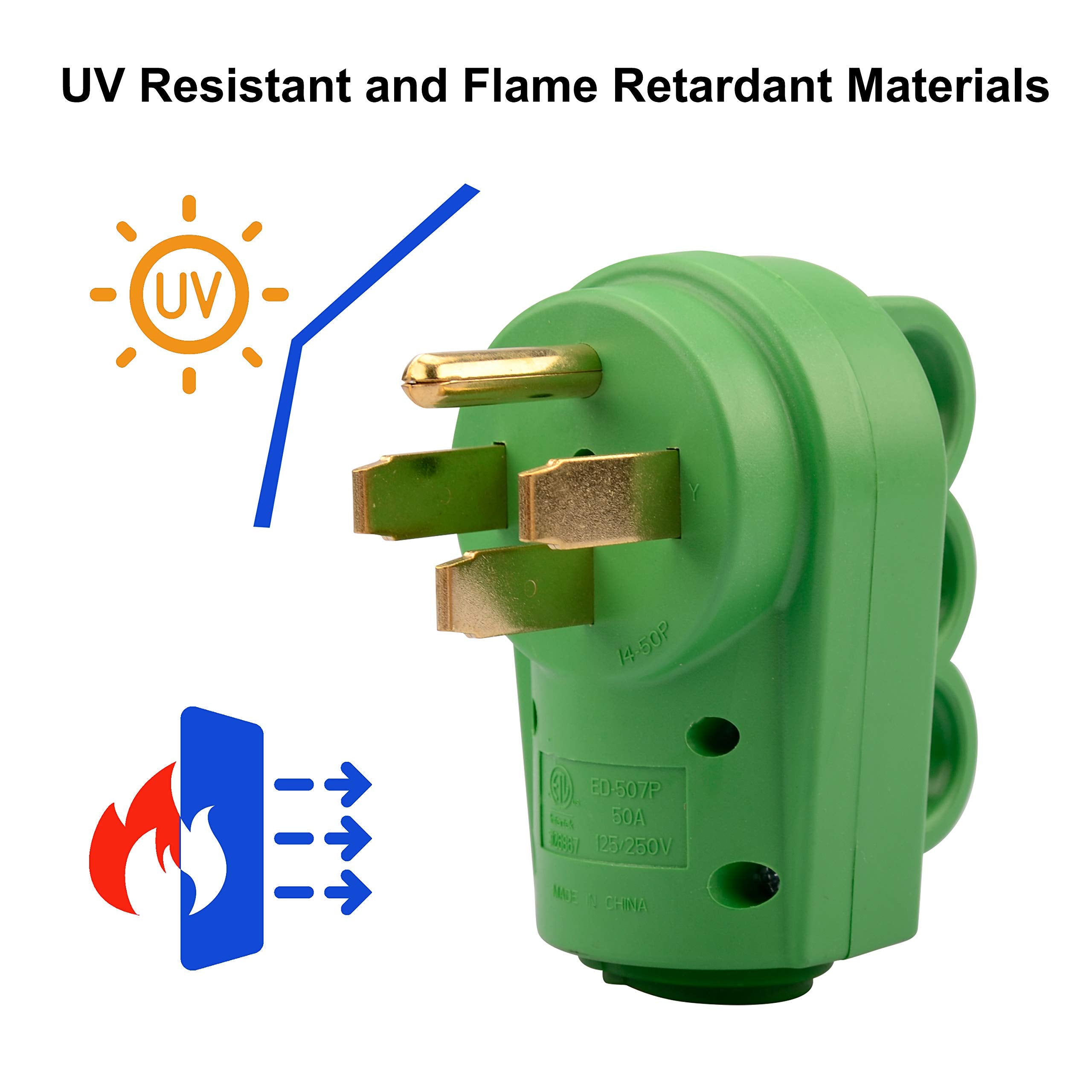 Rvguard Nema 14-50P Rv Replacement Male Plug, 125/250V 50 Amp With Disconnect Handle, Green