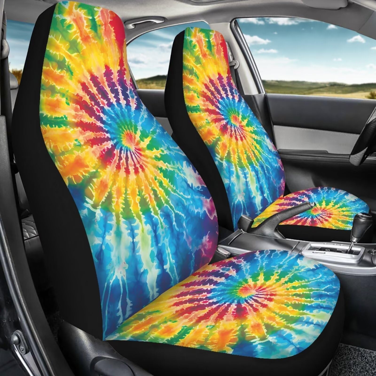 Bigcarjob Tie Dye Theme Car Interior Accessories Sets Hippie Tie Dye Car Seat Cover Set For Front Seat Only 2 Pieces Auto Seat A