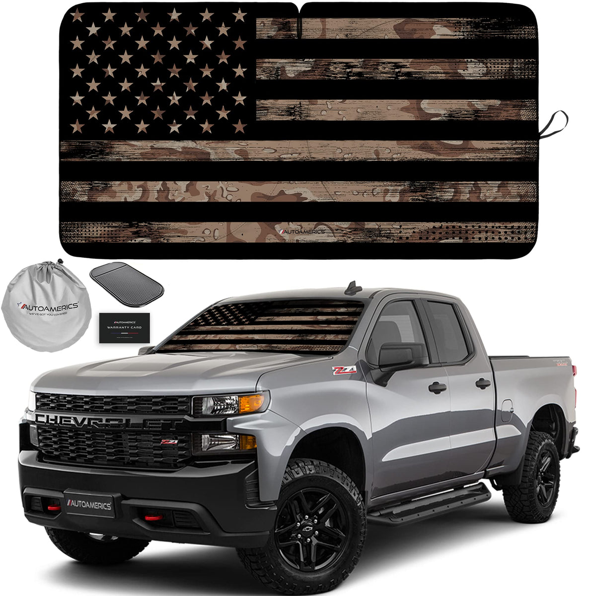Autoamerics 1-Piece Windshield Sun Shade Brown Camo American Flag Usa Design - Foldable Car Front Window Sunshade For Most Sedan