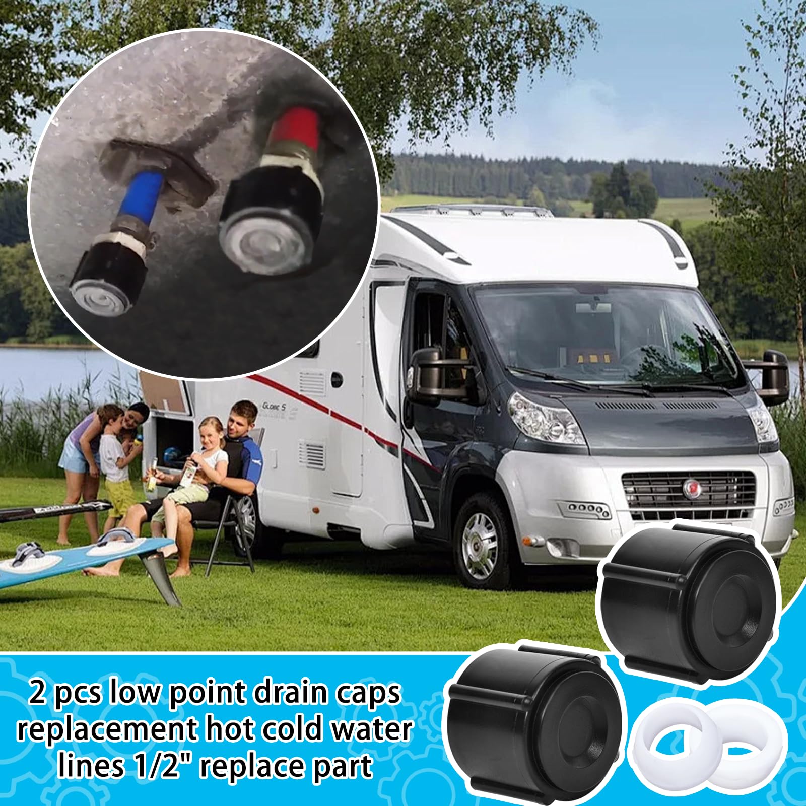 2 Pcs Low Point Drain Seals and Caps for RV Camper Travel Trailer- 1/2 Inch Hot & Cold Water Lines