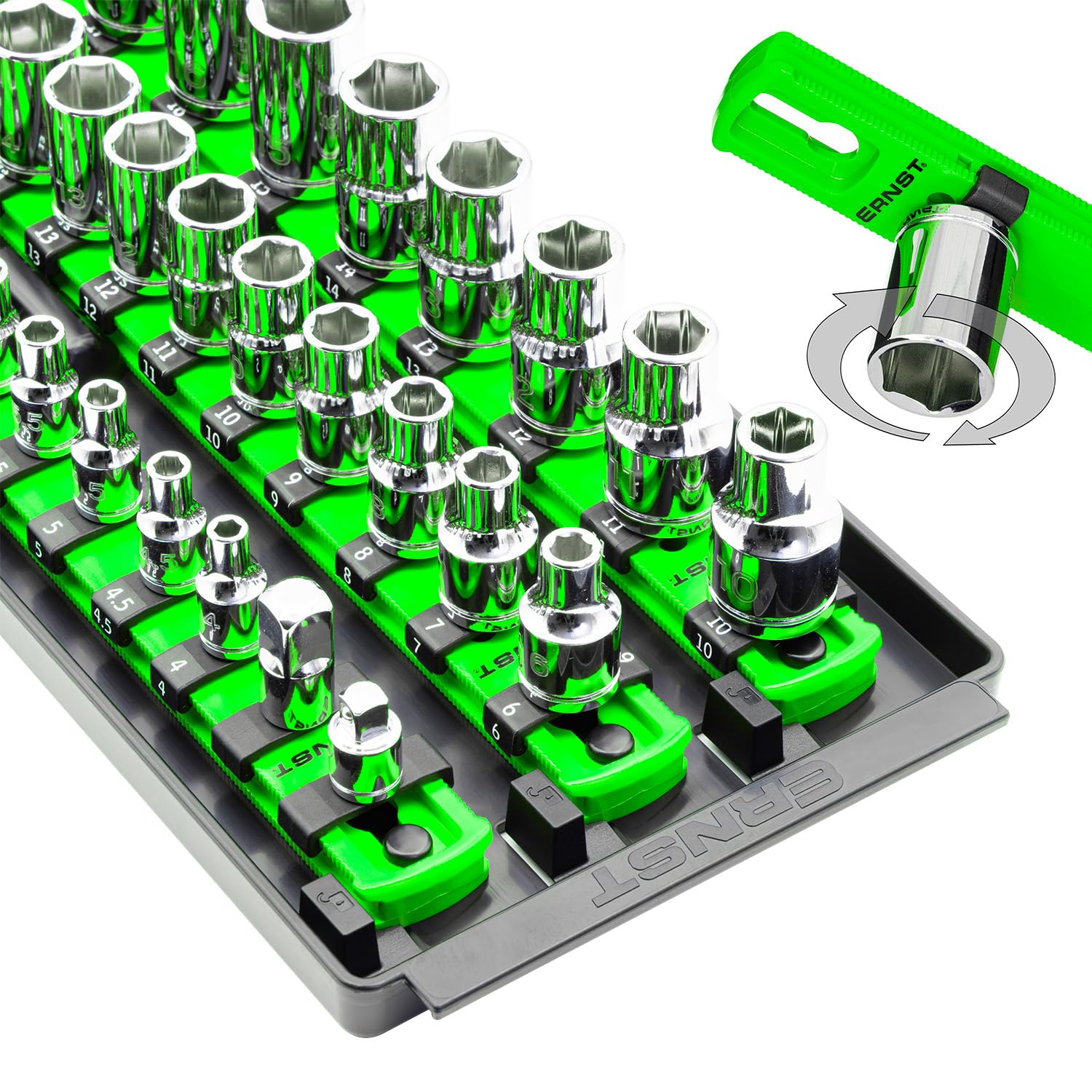 Ernst Manufacturing 8481 Socket Boss 3-Rail Multi-Drive Socket Holder Tray for Toolbox, Twist-Lock Secures Sockets, Green, Socke