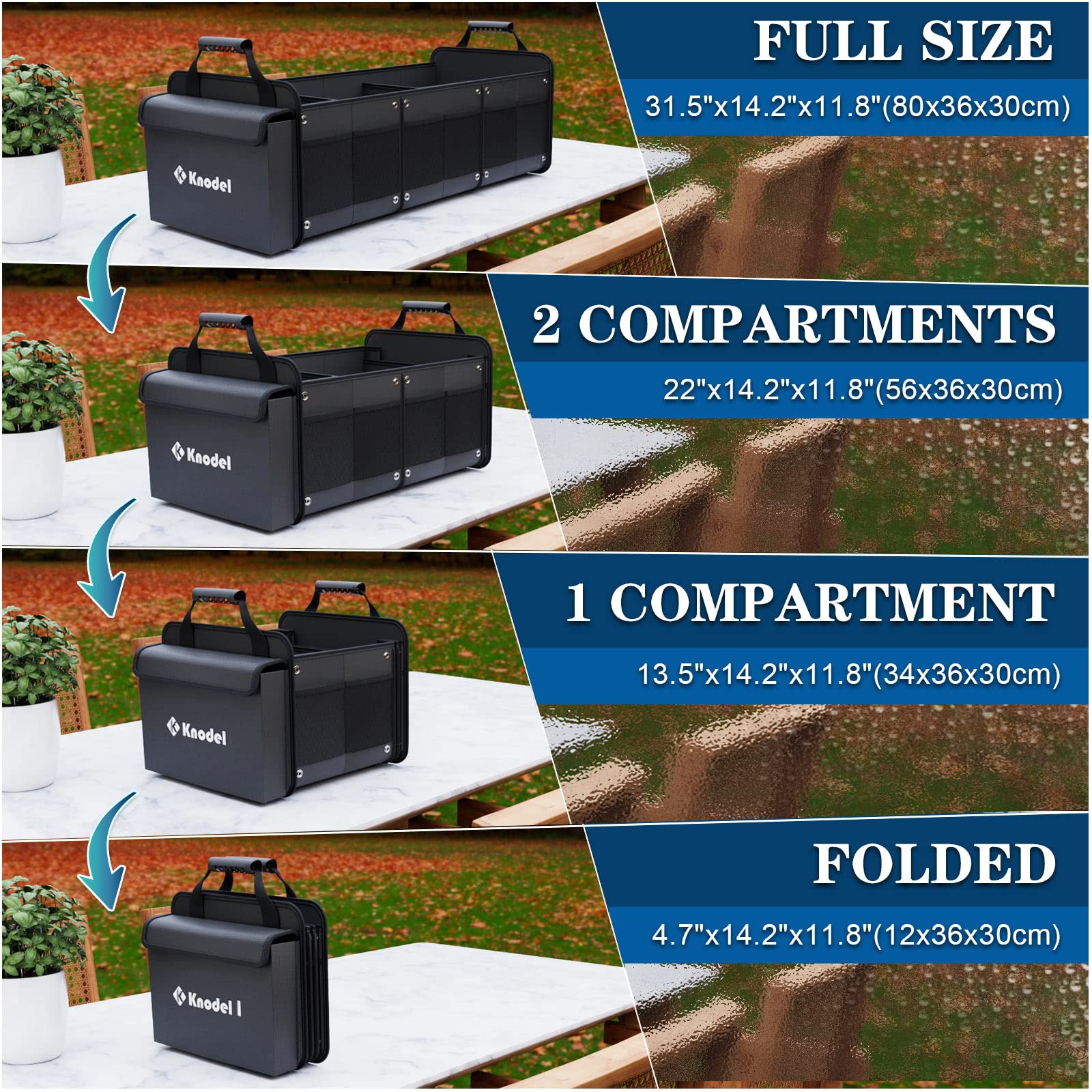 K Knodel Extra Large 3 Compartments Trunk Organizer Heavy Duty For Car, Suv With Cooler Bag, 2 Adjustable Securing Straps (4-In-1, Black)