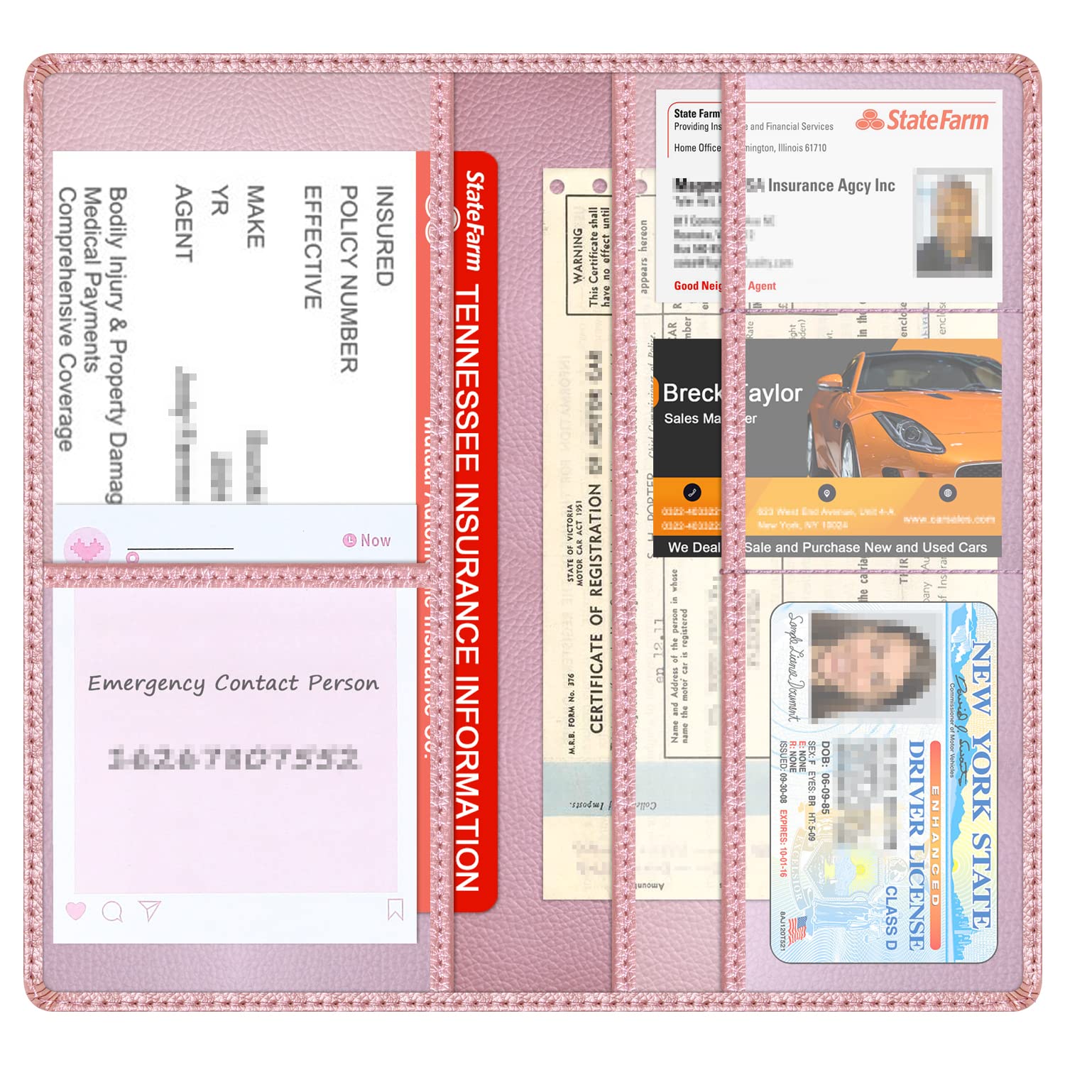 Techion Car Insurance And Registration Holder, 9.5 X 5 Inch Pu Leather Vehicle Glove Box Organizer Wallet Case For Insurance Card, Driver License, Paperwork - Rose Gold