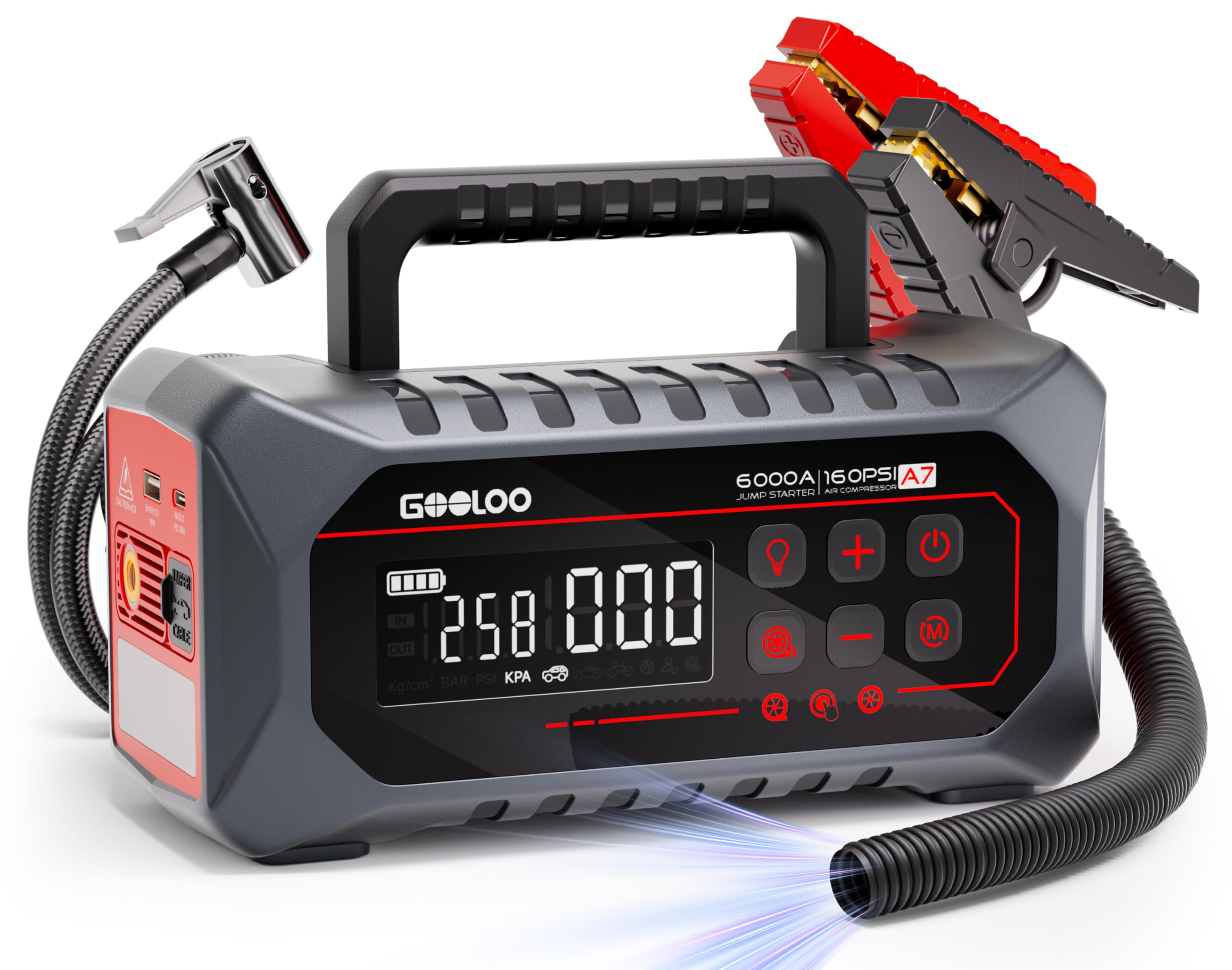 GOOLOO A7 Jump Starter with Air Compressor, 6000A &160PSI 12V Car Battery Jumper Starter Portable Booster Pack, 12-in-1 Jump Box