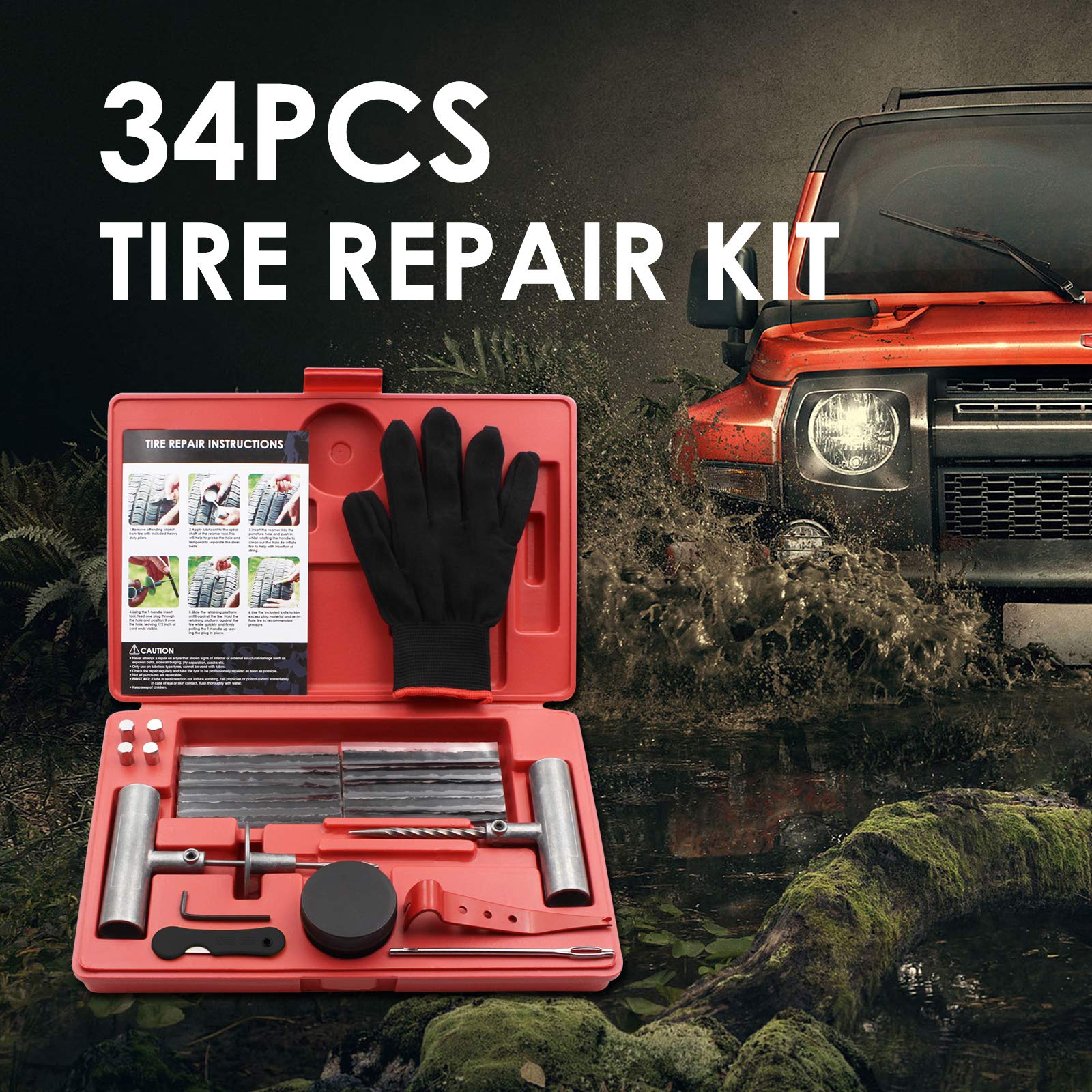 Handfly Tire Repair Kit, 34Pcs Heavy Duty Tire Plug Kit, Universal Tire Repair Tool Kit To Fix Punctures And Plug Flats Tire Patch Kit For Car, Motorcycle, Truck, Tractor, Trailer, Arb, Atv, Rv, Suv