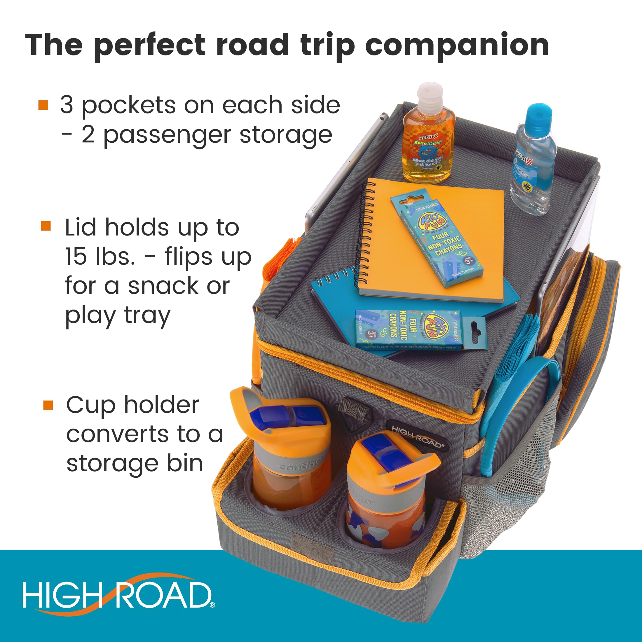 High Road CarHop Car Seat Organizer for the Front or Back Seat for Kids and Adults with Cup Holder Tray, Side Pockets and Car Co