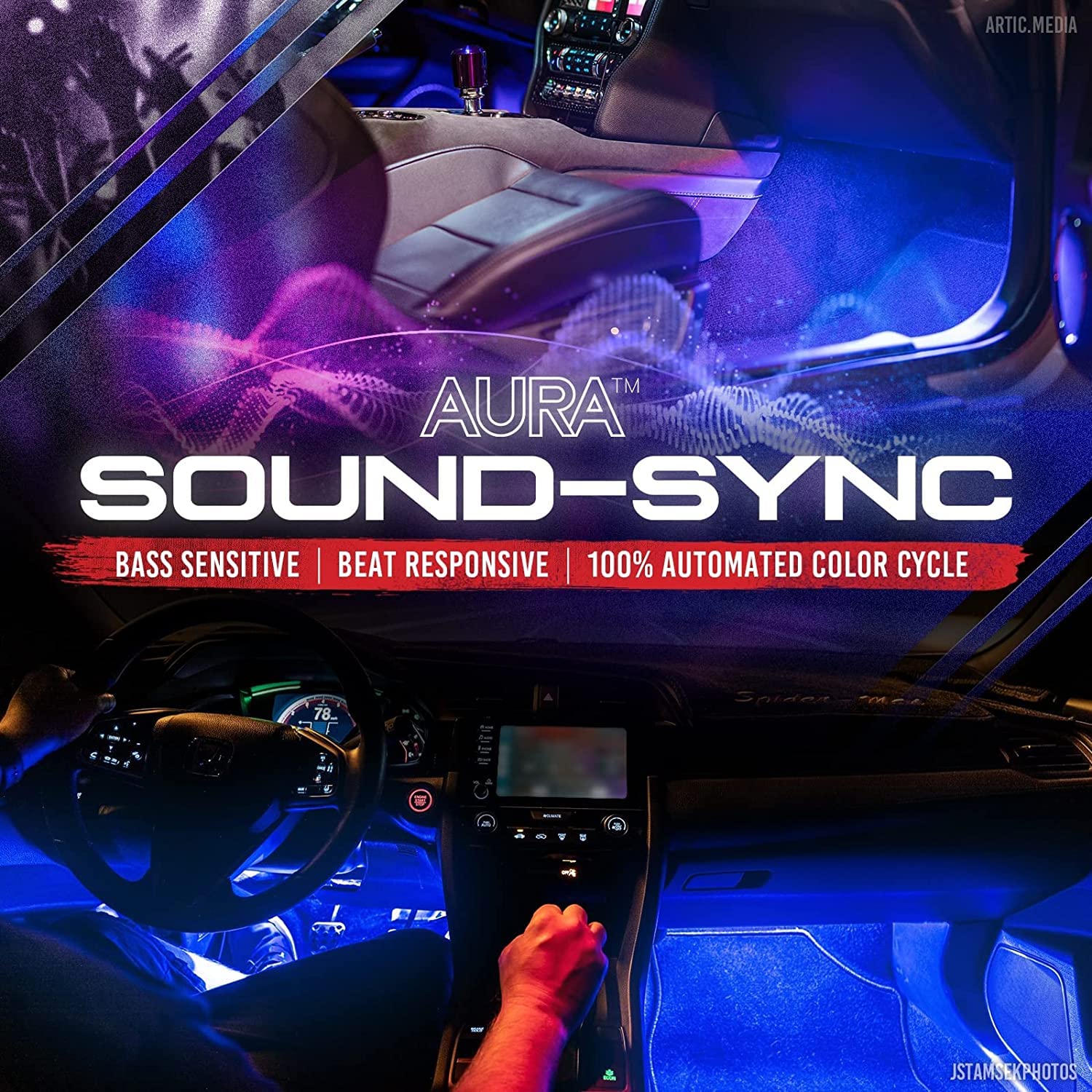 Opt7 Aura Double Row Car Led Lights Interior 6Pc With Wireless Remote Control, Multicolor Mode, Sound Active Function Inside Amb