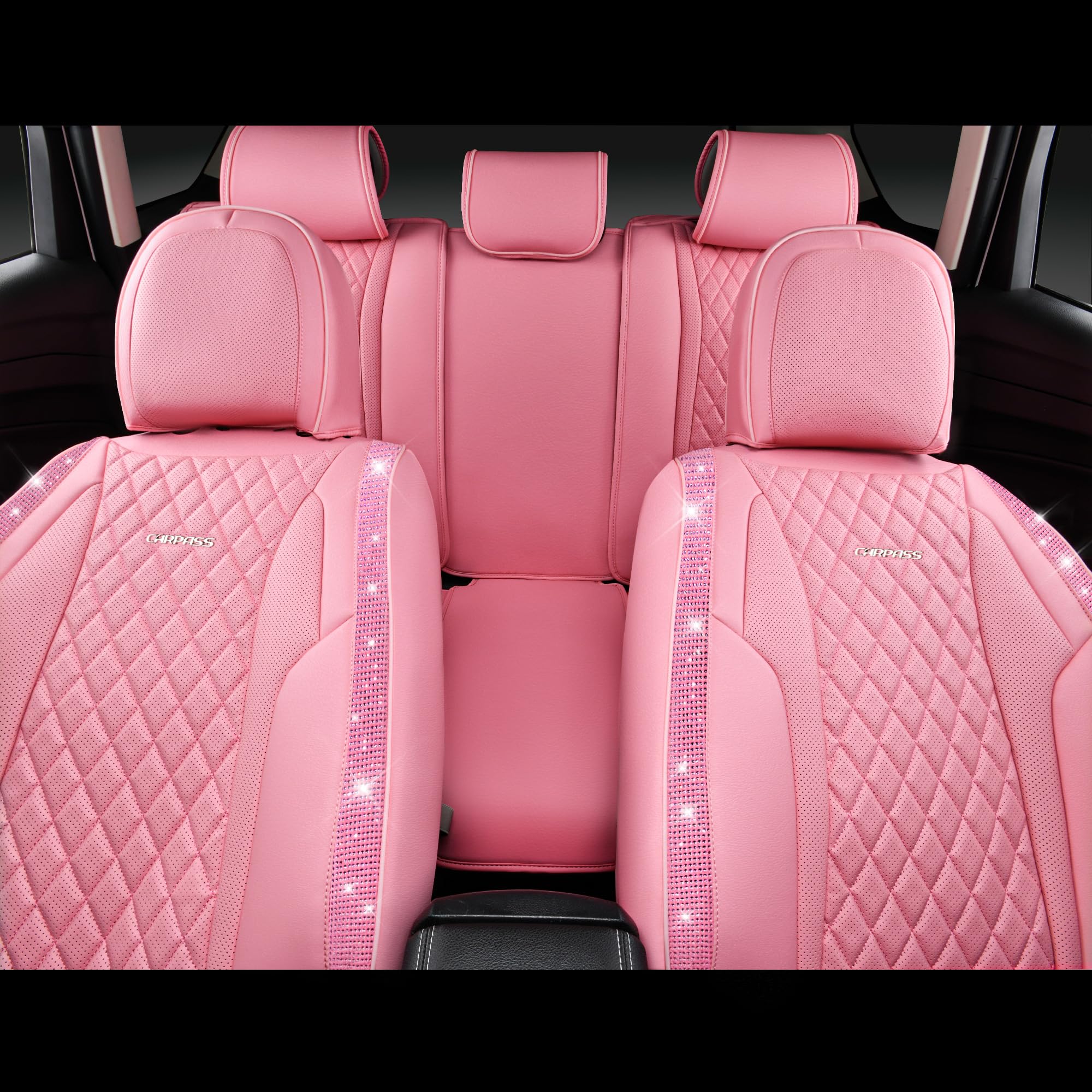Car Pass Pink Nappa Leather Car Seat Covers For Full Seats, Bling Diamond Waterproof Seat Protectior Universal Fit Auto Suv Seda