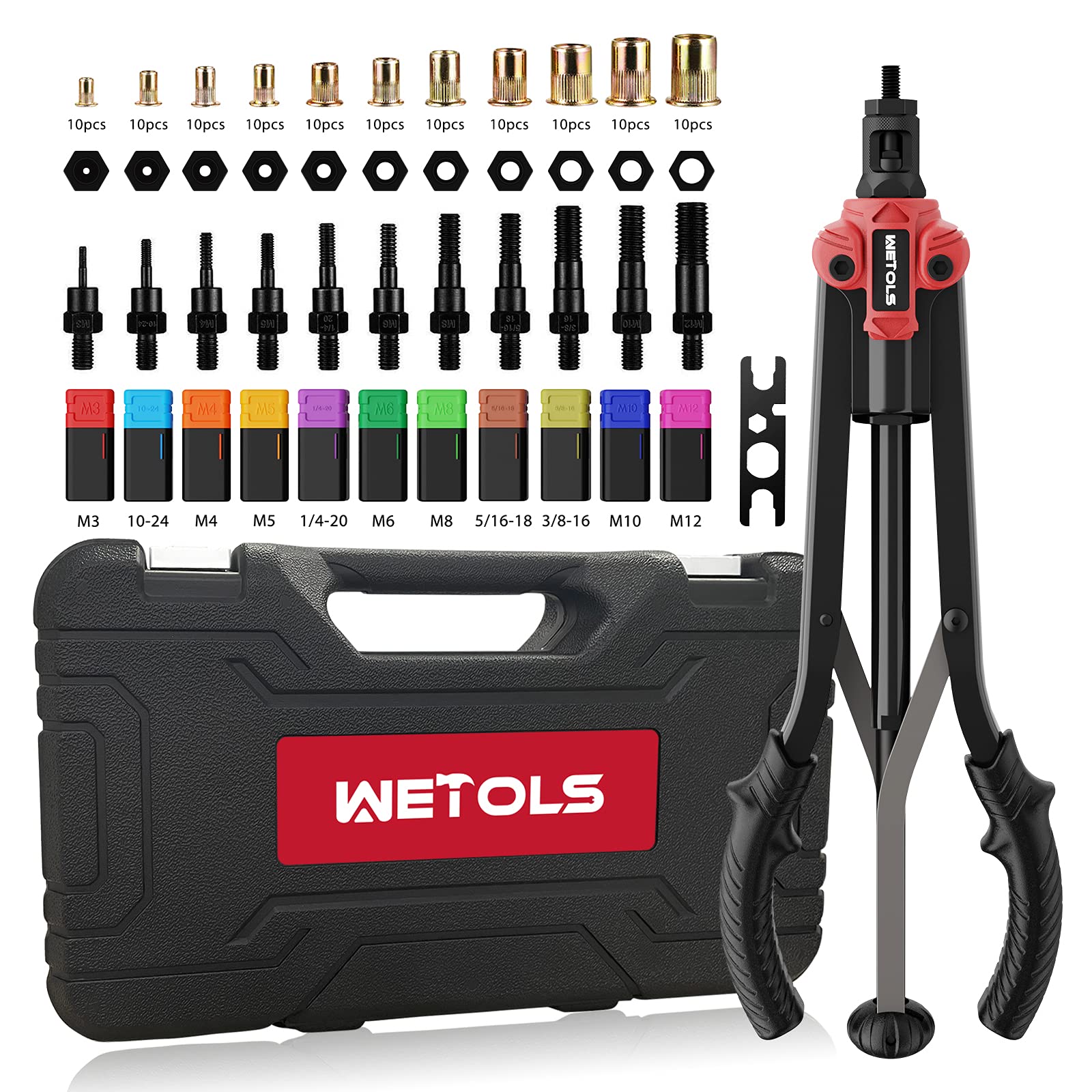 Wetols 17'' Rivet Nut Tool, Hand Rivet Tool Kit With 11 Metric & Sae Mandrels M3 M4 M5 M6 M8 M10 M12, 10-24, 1/4-20, 5/16-18, 3/