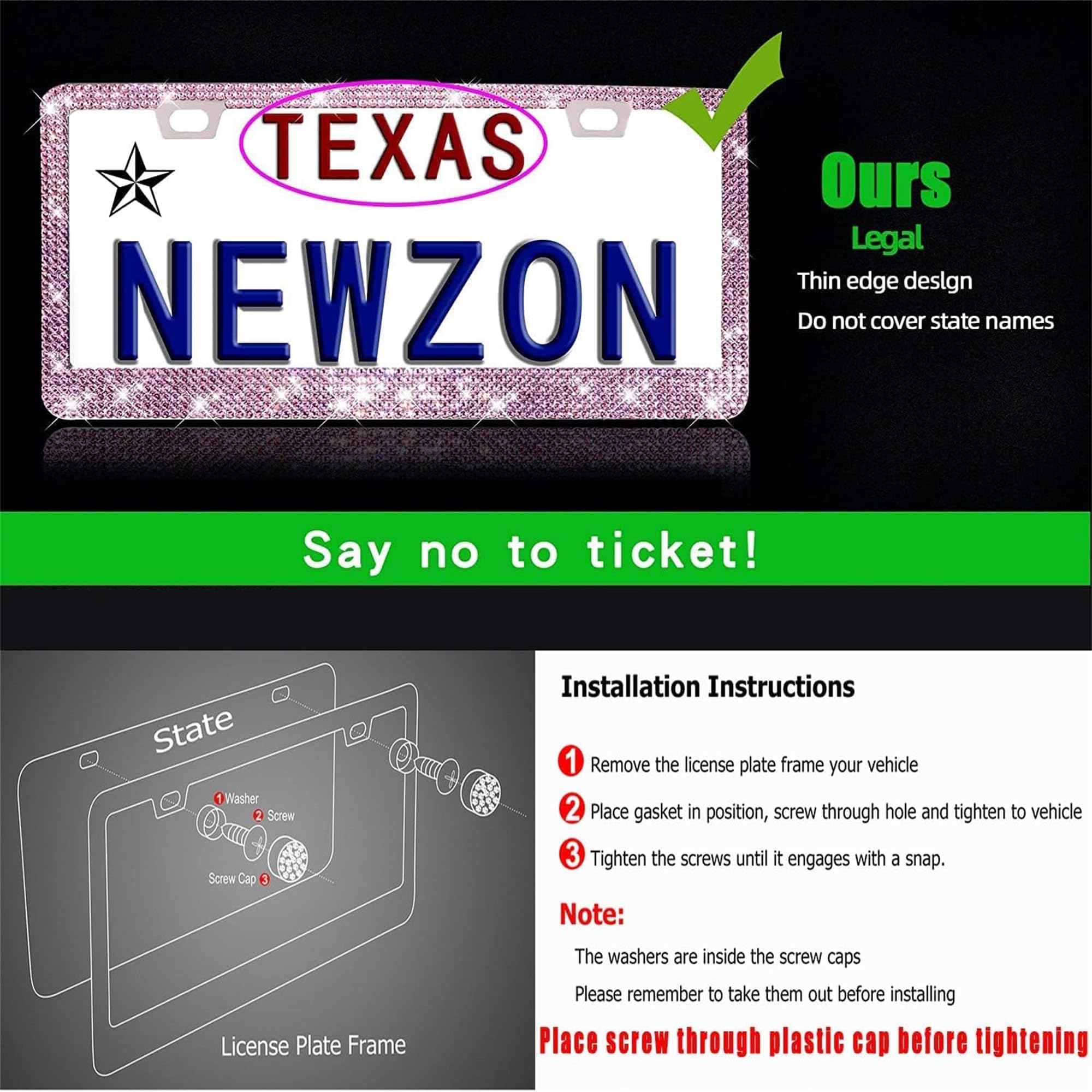 Newzon Pink Sparkly License Plate Frame For Women, 2 Pieces Pink Glitter License Plate Frame, Diamond Thickened Stainless Steel