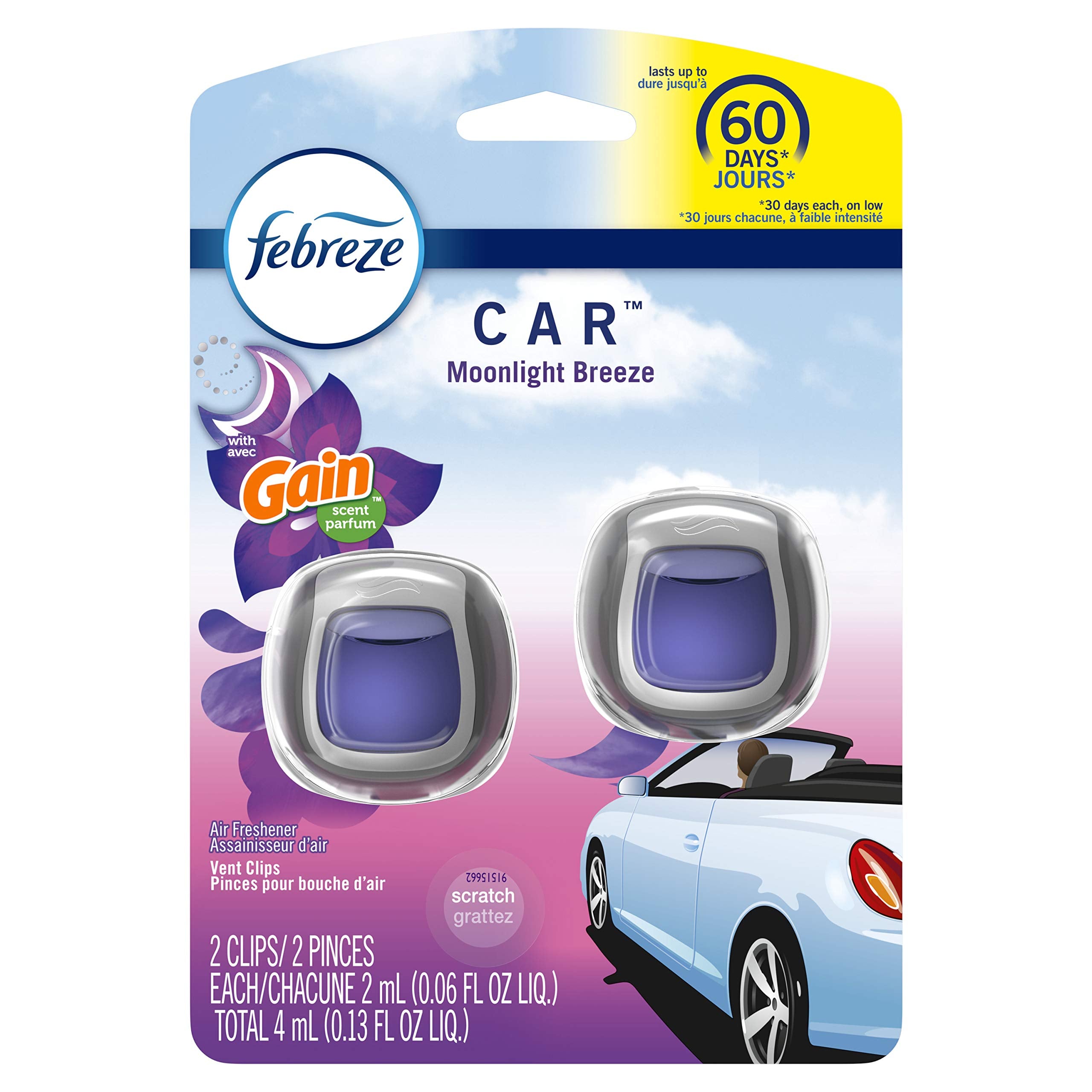 Febreze Car Odor-Eliminating Air Freshener Vent Clip With Gain Scent, Moonlight Breeze, 2 Count