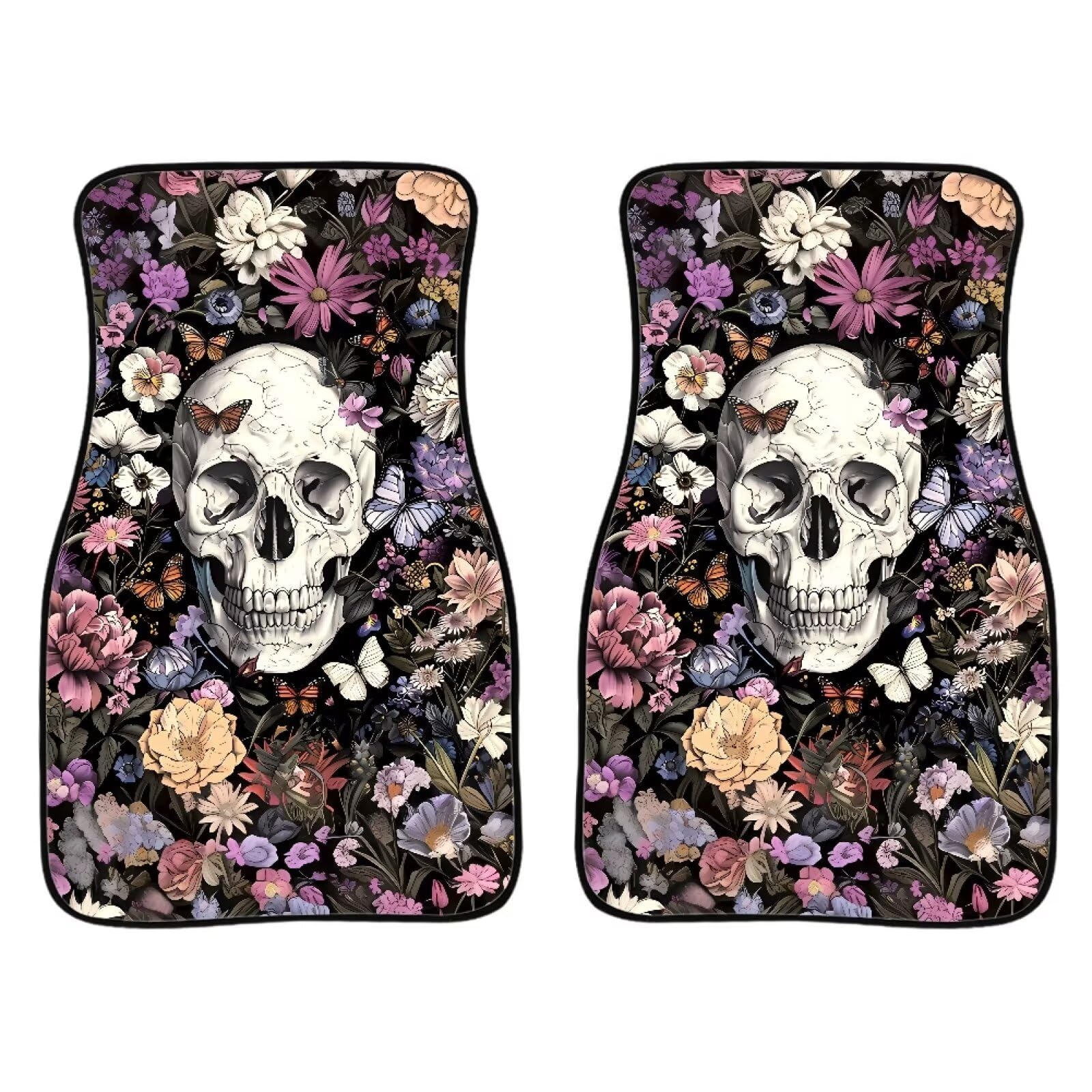 ELEQIN Flower Skull Floor Mats - Easy Clean, Heavy Duty Protection for Car, Sedan, Truck, SUV - Universal Fit