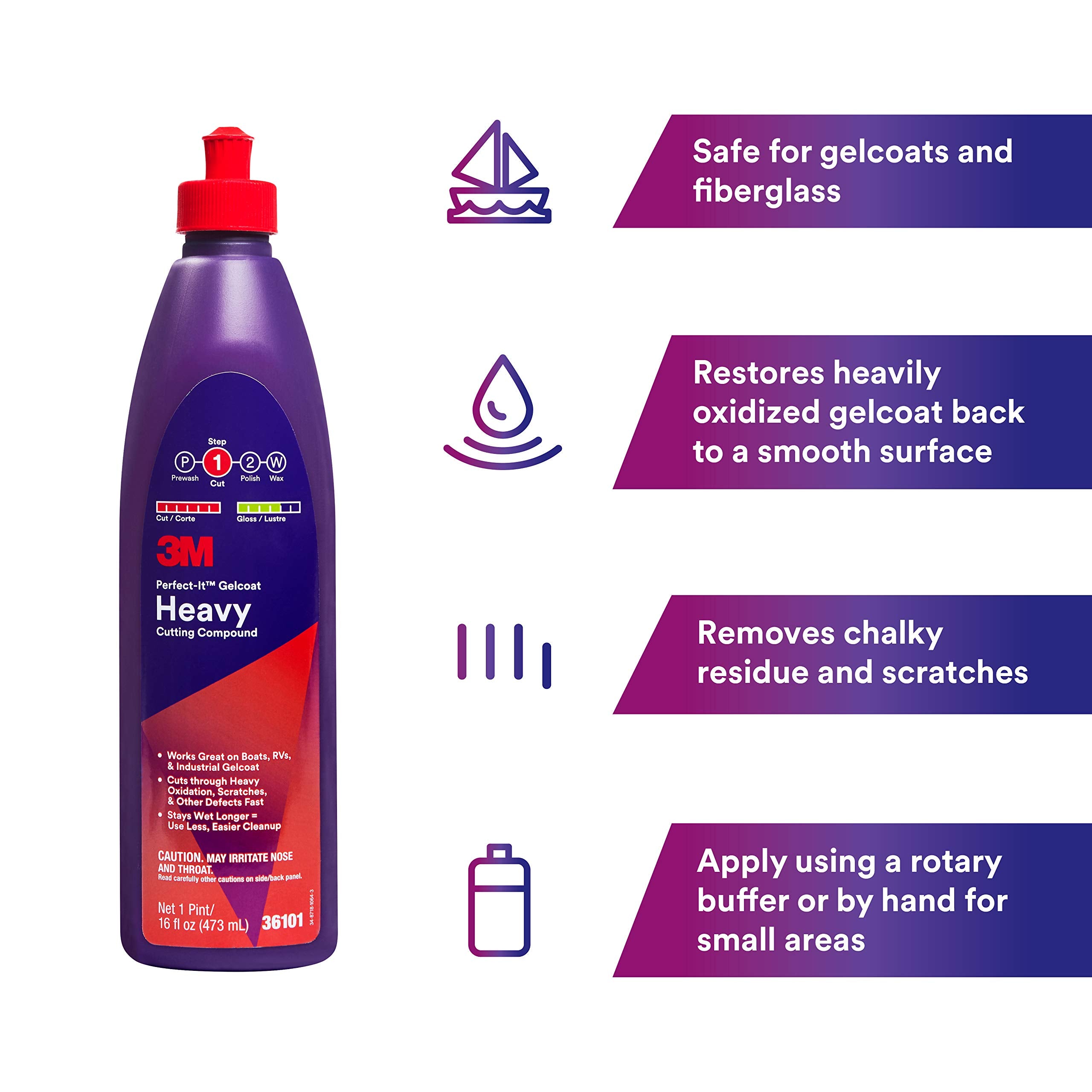 3M Perfect-It Gelcoat Heavy Cutting Compound, 36101, 1 Pint, Fiberglass Oxidation Remover For Boats And Rvs , Red