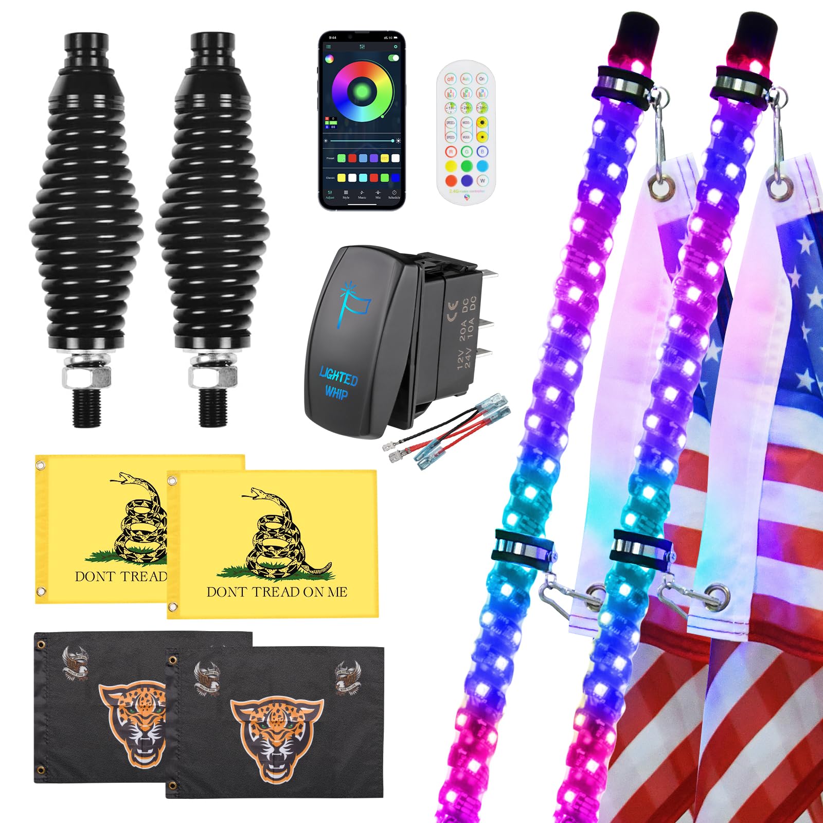 Ehaho 2 Pack 2Ft Whip Lights With Spring Base,Led Whip Light With App & Remote Control, Spiral Rgb Chasing Lighted Whips With Rocker Switch, Music Whip Light For Utv Atv Polaris Rzr Can-Am Sxs Truck