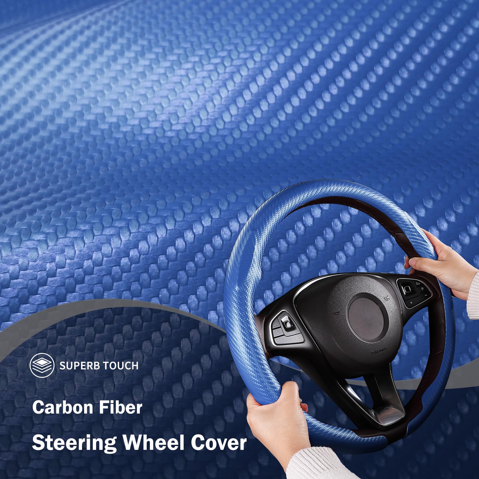 Car Steering Wheel Cover Carbon Fiber Snap On Steering Wheel Accessories Wrap 14.5-15 inch Universal Grip Anti-Skid Protector, M