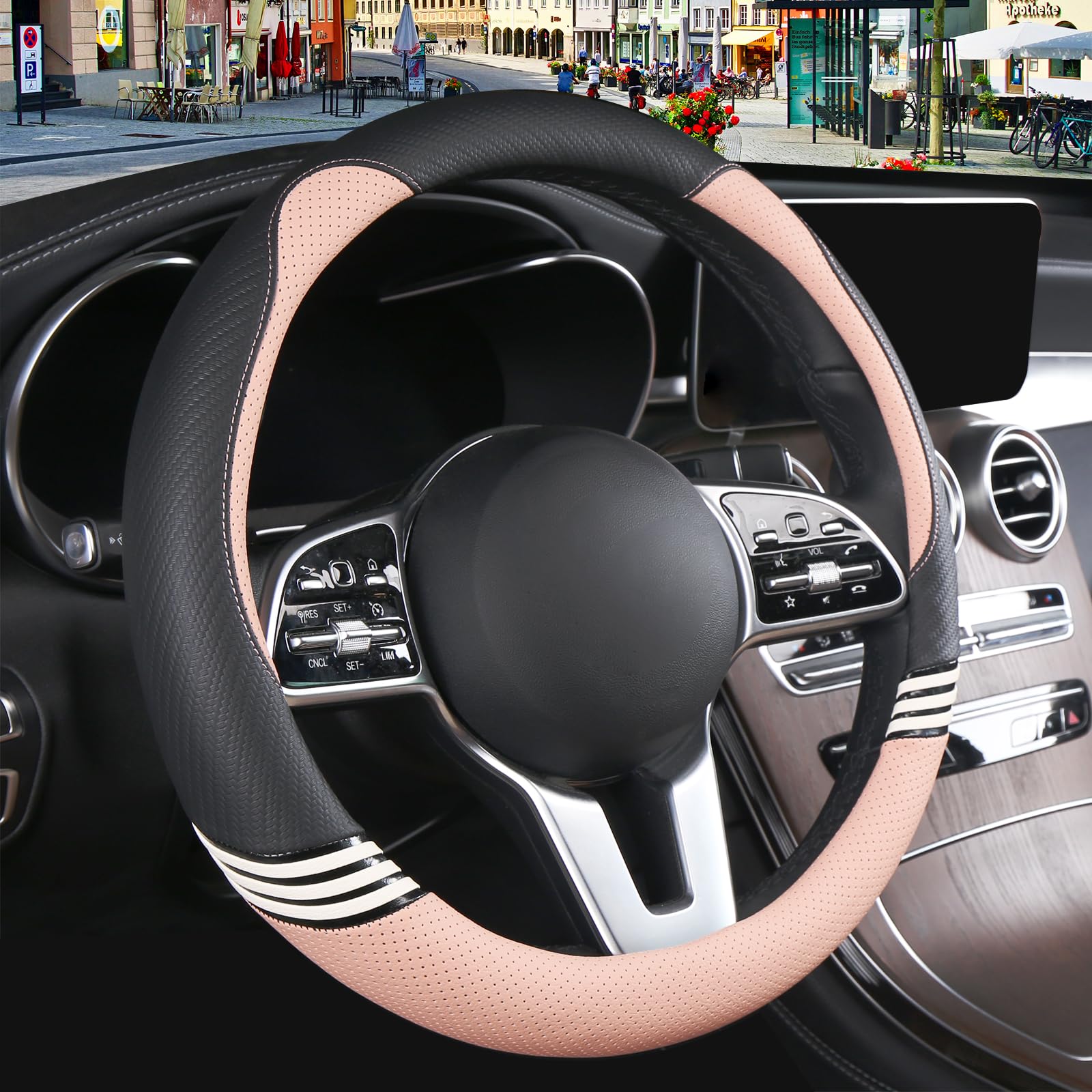 Binsheo Cute Steering Wheel Cover For Women Men Leather Universal 15 Inch,Black And Pink