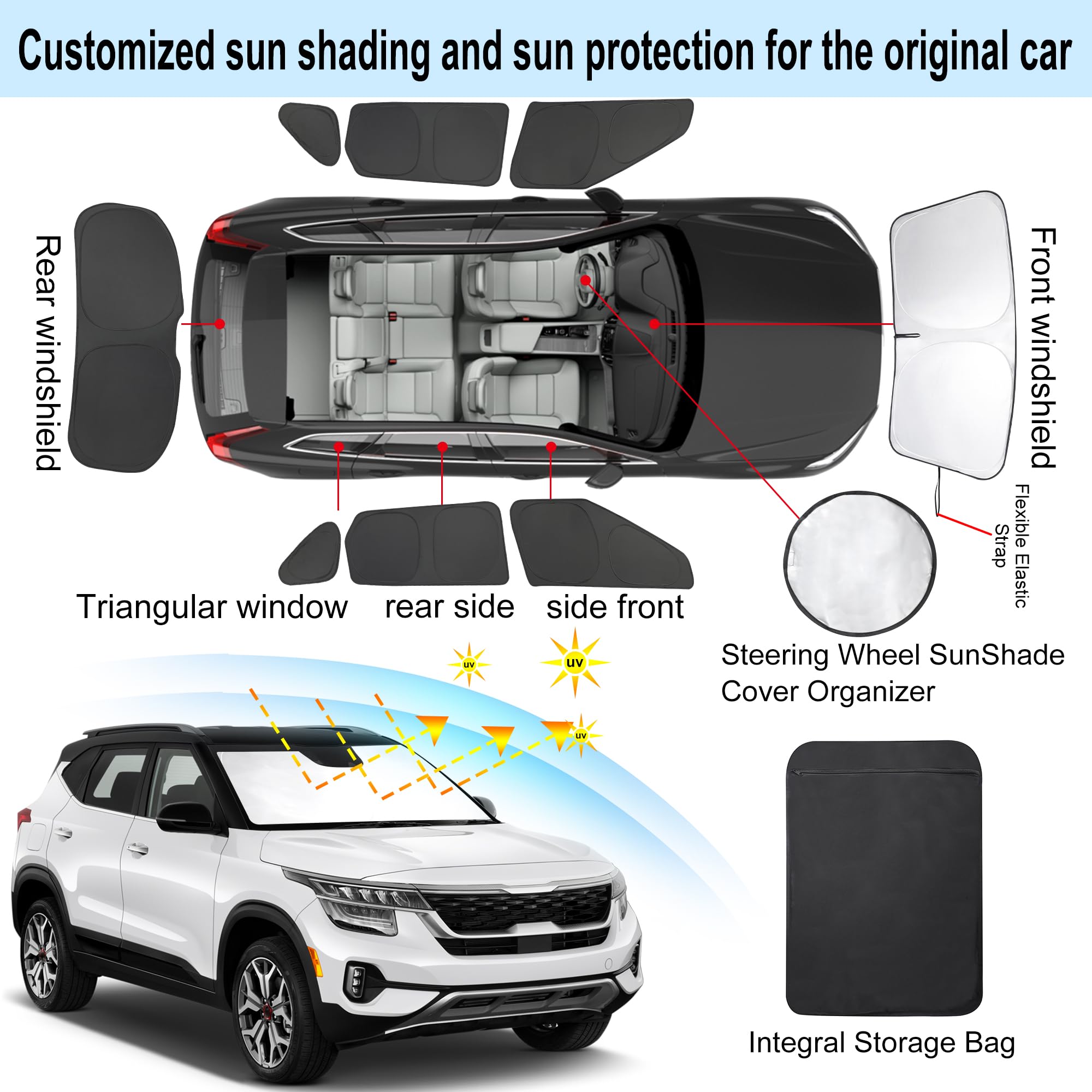 8Pcs Yycke Window Shades For Seltos 2021-2024 For Kia Accessories Car Side Full Windows Rear Triangular Windshield Sun Shade Sun