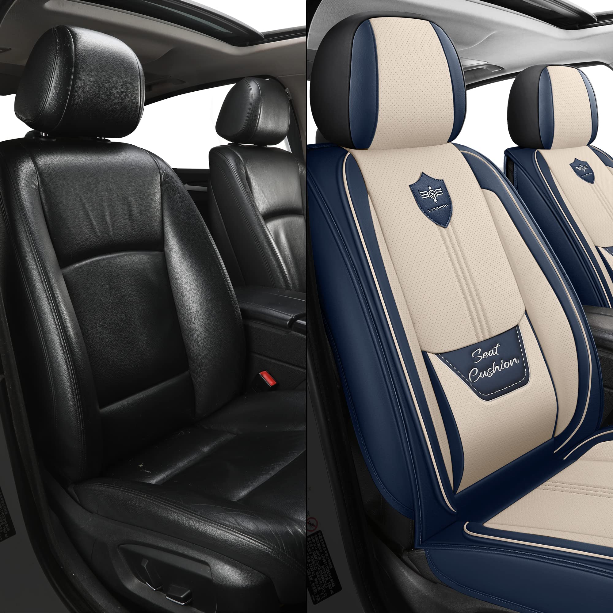 LINGVIDO Leather Car Seat Covers, Breathable Automotive Cover Cushion Accessories for Cars & SUV Truck Universal Fit Set (Blue &