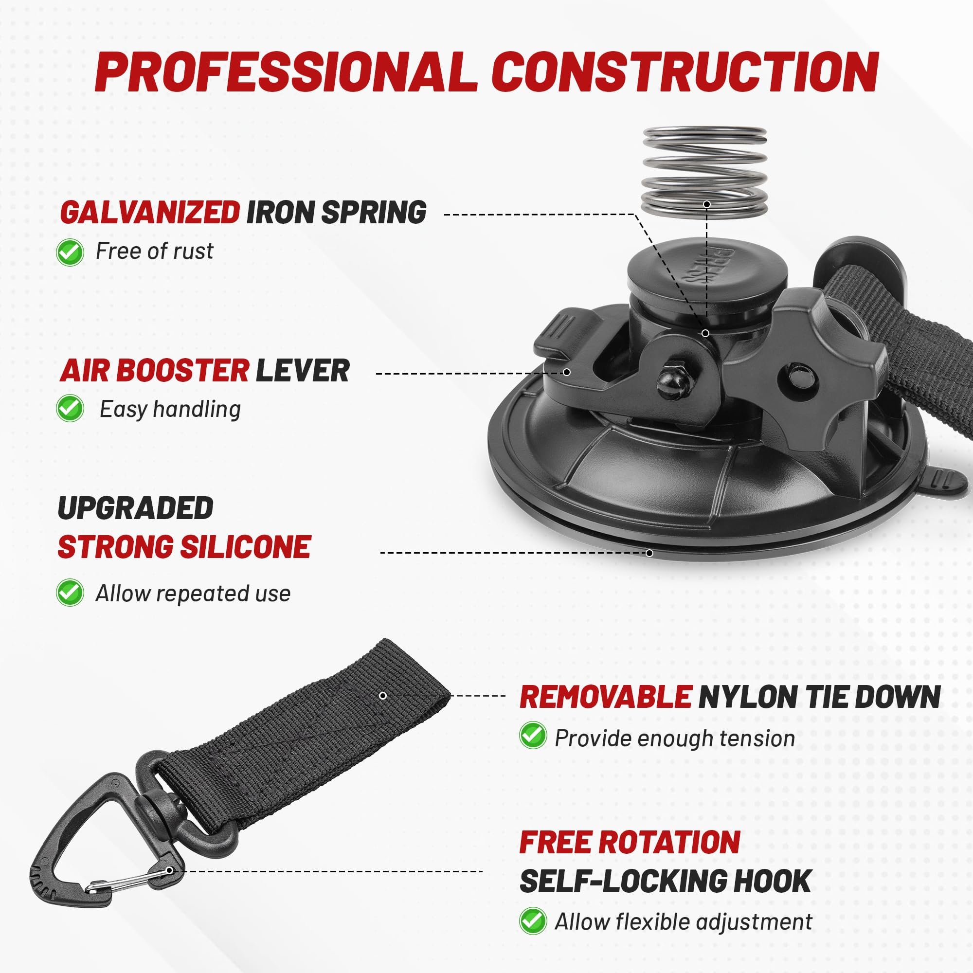 RED WOLF Heavy Duty 90MM Suction Cup Anchor Tie Down w/Rotatable Hanging Hook Hold up to 100 LBs/45.36KG for Outdoor Camping Tar