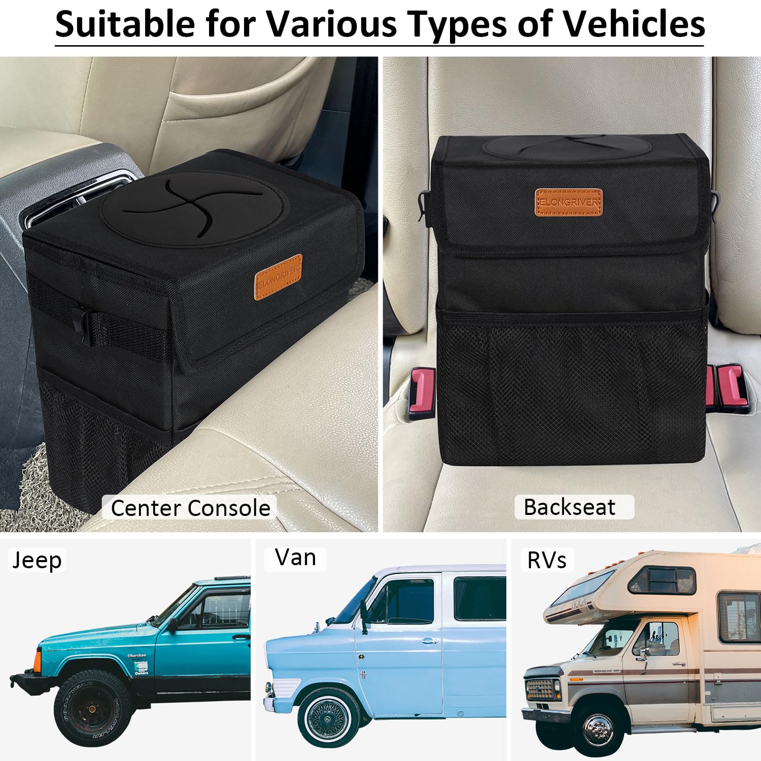 Elongriver Car Trash Can Bin For Car Back Seat Leak Proof, Cute Car Trash Bag Hanging, Vehicle Trash Can For Suv Truck Van, Auto