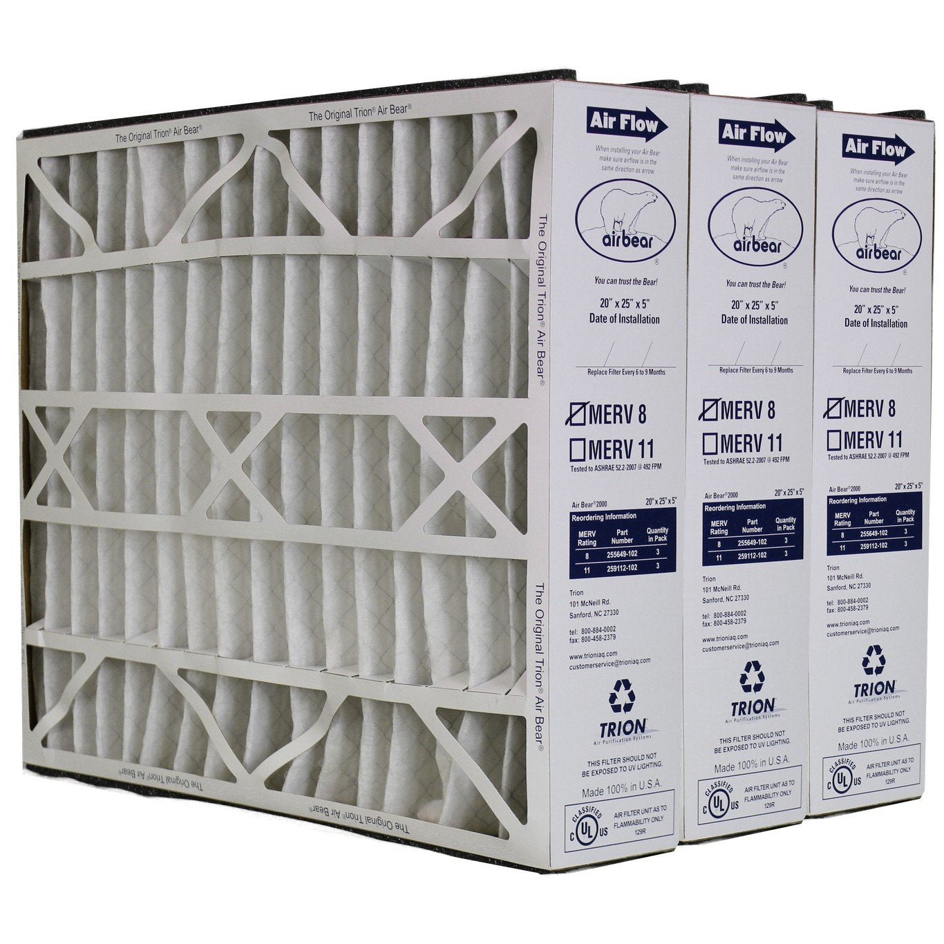 3 Trion Air Bear 20X25X5 Genuine Air Cleaner Filters