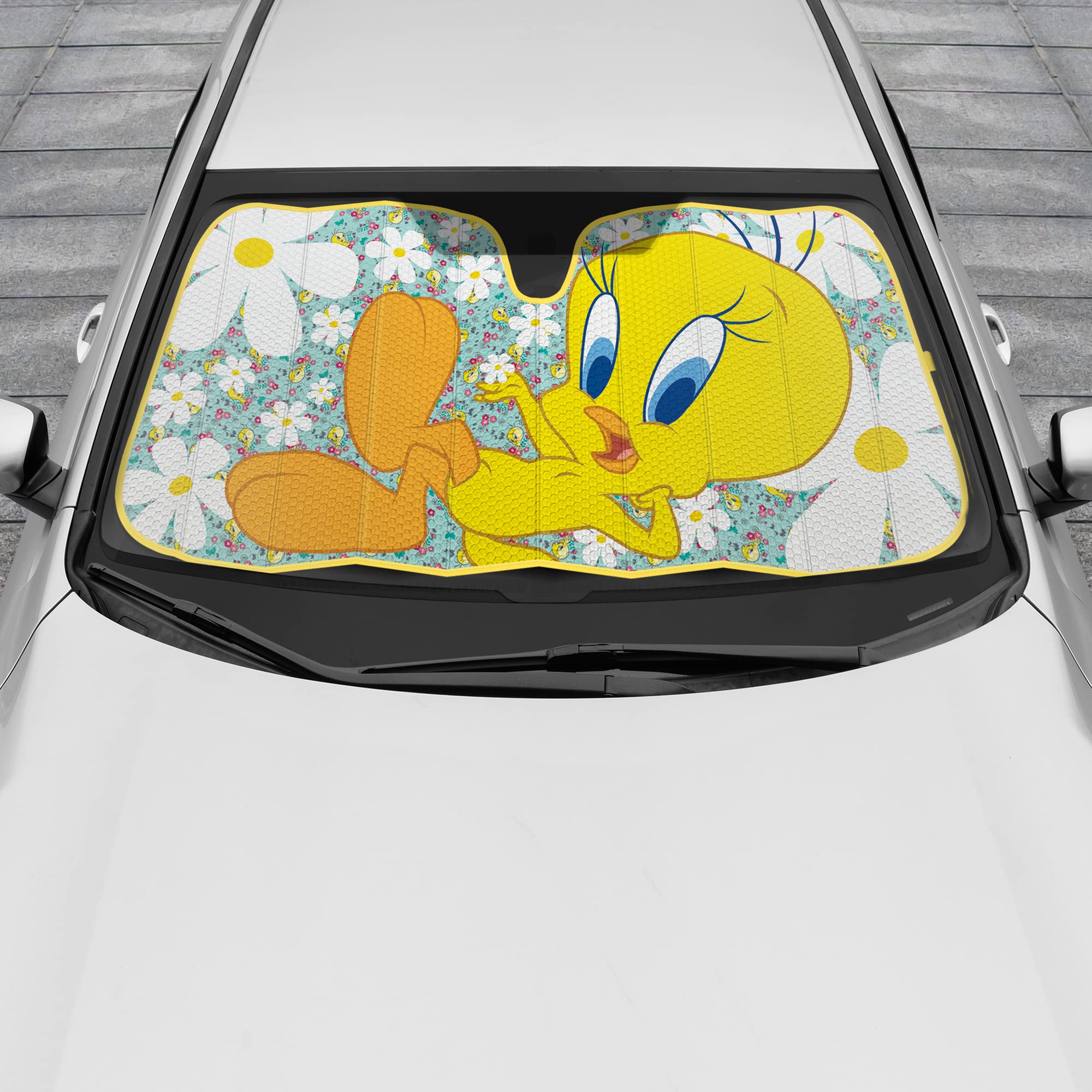 Bdk Warner Bros Looney Tunes Tweety Bird Windshield Sun Shade - Accordion Folding Uv Block Double Bubble 58 X 27 In Car Accessor