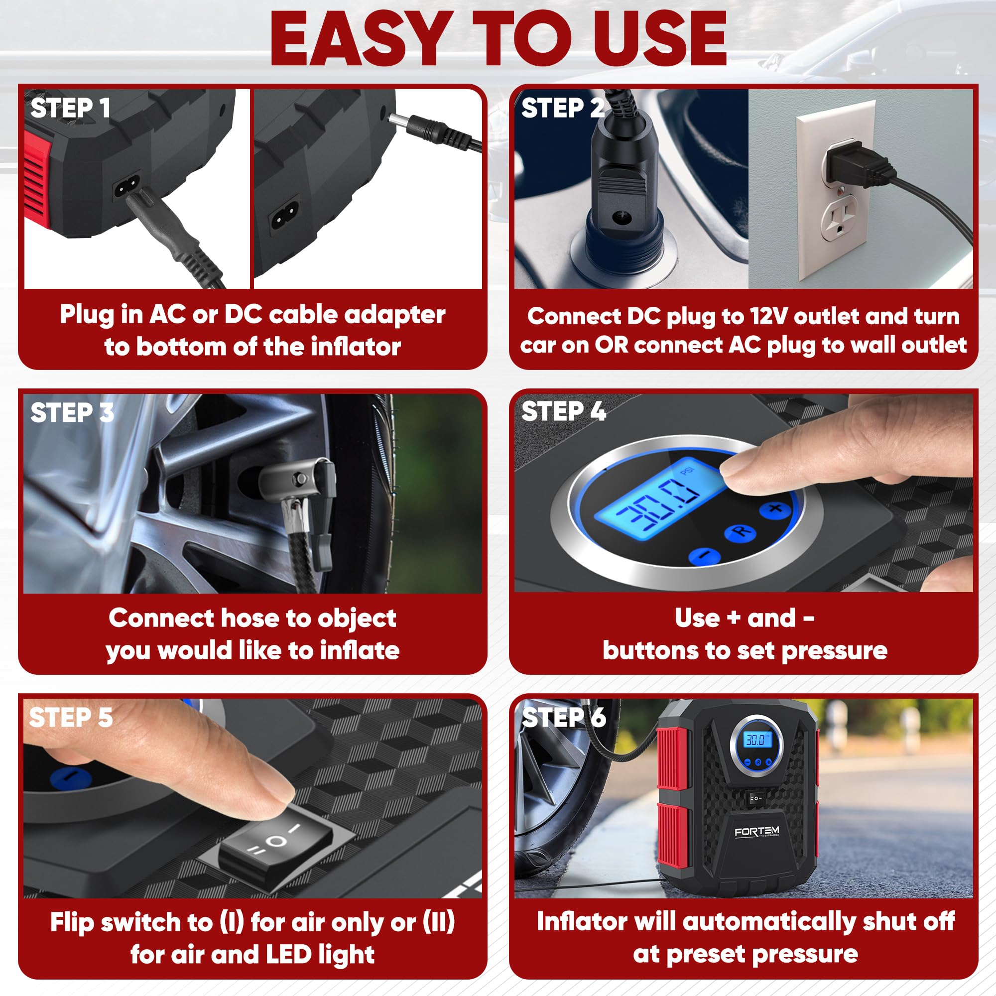 Fortem Tire Inflator 150 Psi, Bike Pump, 110V Ac 12V Dc Air Pump For Car Tires, Digital Tire Pressure Gauge W/Auto Pump/Shut Off