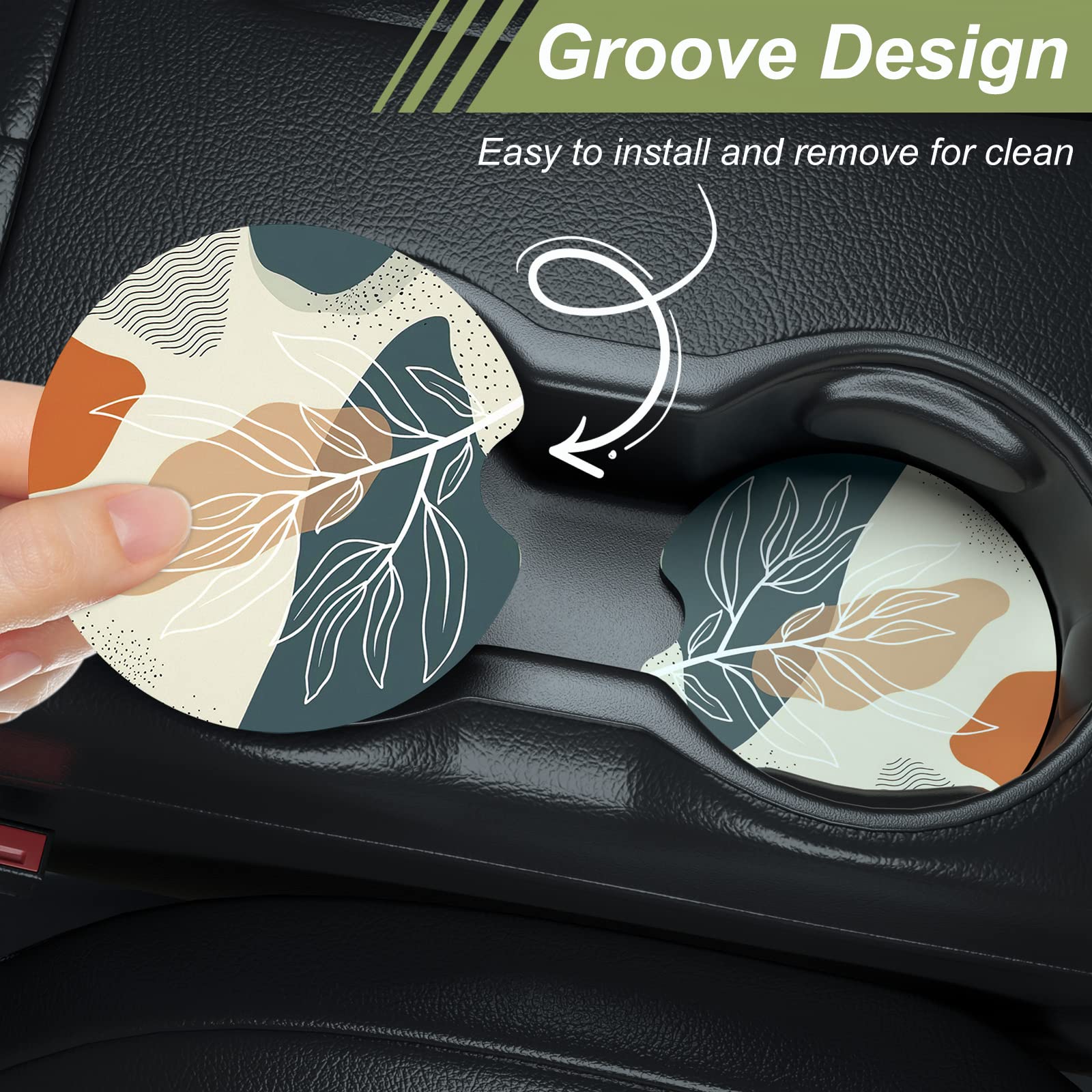 Nipichsha Car Cup Holder Coasters, Car Coasters For Cup Holders, 2 Pack Anti Slip Insert Coasters, Rubber Car Cup Mat With A Finger Notch, Cute Car Interior Accessories For Women (Abstract Boho Leaf)