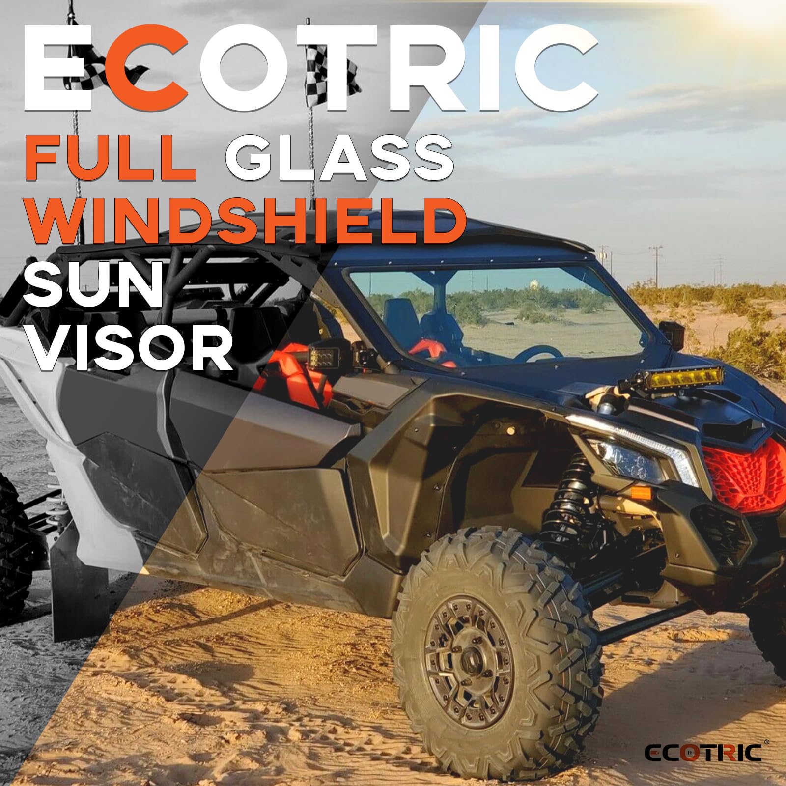 Ecotric Full Glass Windshield + Sun Visor Compatible With 2017 2018 2019 2020 2021 2022 2023 Can Am X3 Maverick All Models, Tough & Durability
