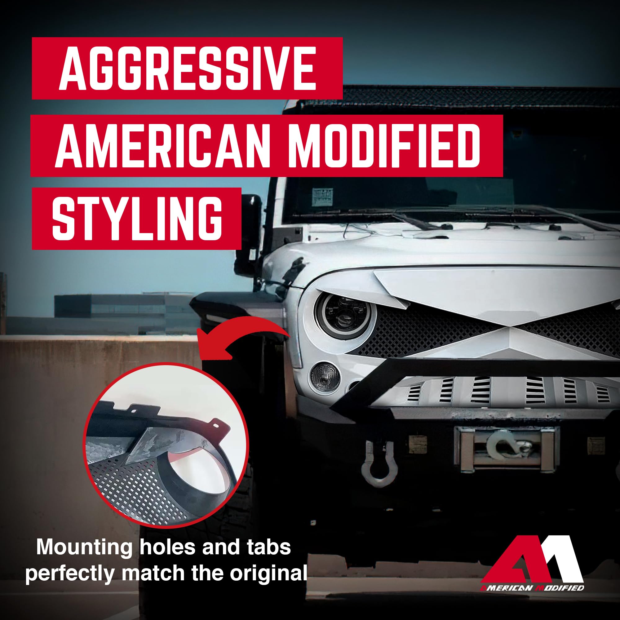 AM AMERICAN MODIFIED Hawke Front Grille Cover for Jeep Wrangler JK/JKU, 2007-2018, Plastic, White, Model 312677