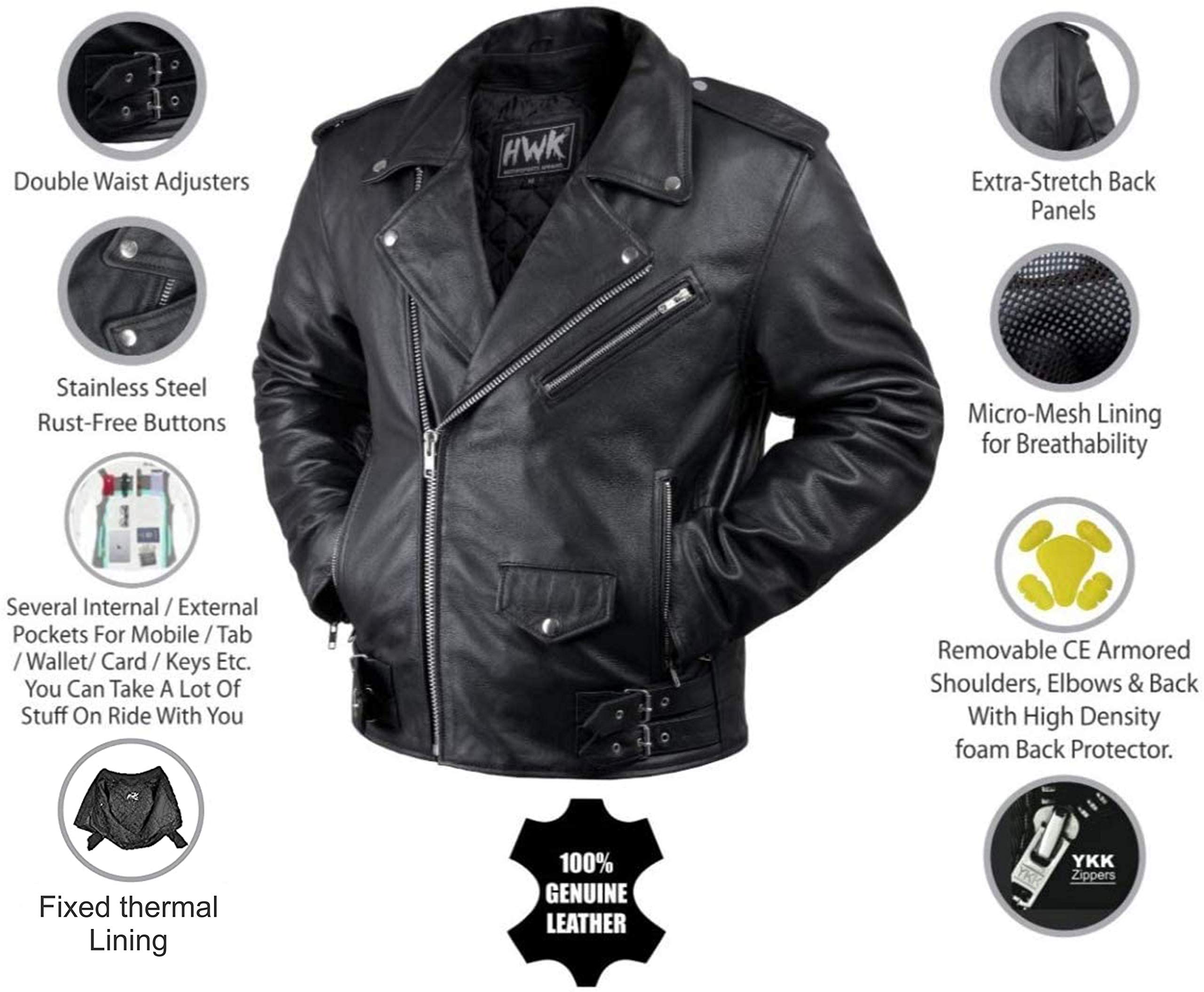 HWK Brando Leather Motorcycle Jacket for Men, Black, XX-Large, Genuine Leather, Removable CE Armor, Weather Resistant