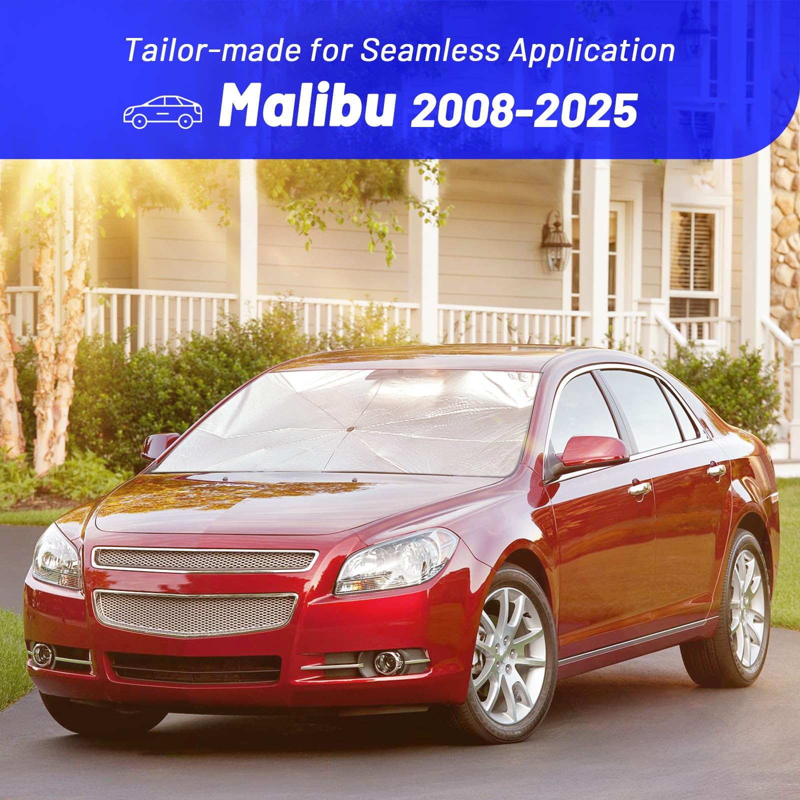 Windshield Sun Shade Umbrella for Chevrolet Malibu 2008-2025 Foldable Car Sunshade for Front Windows with 360 Rotating Shaft, Cu