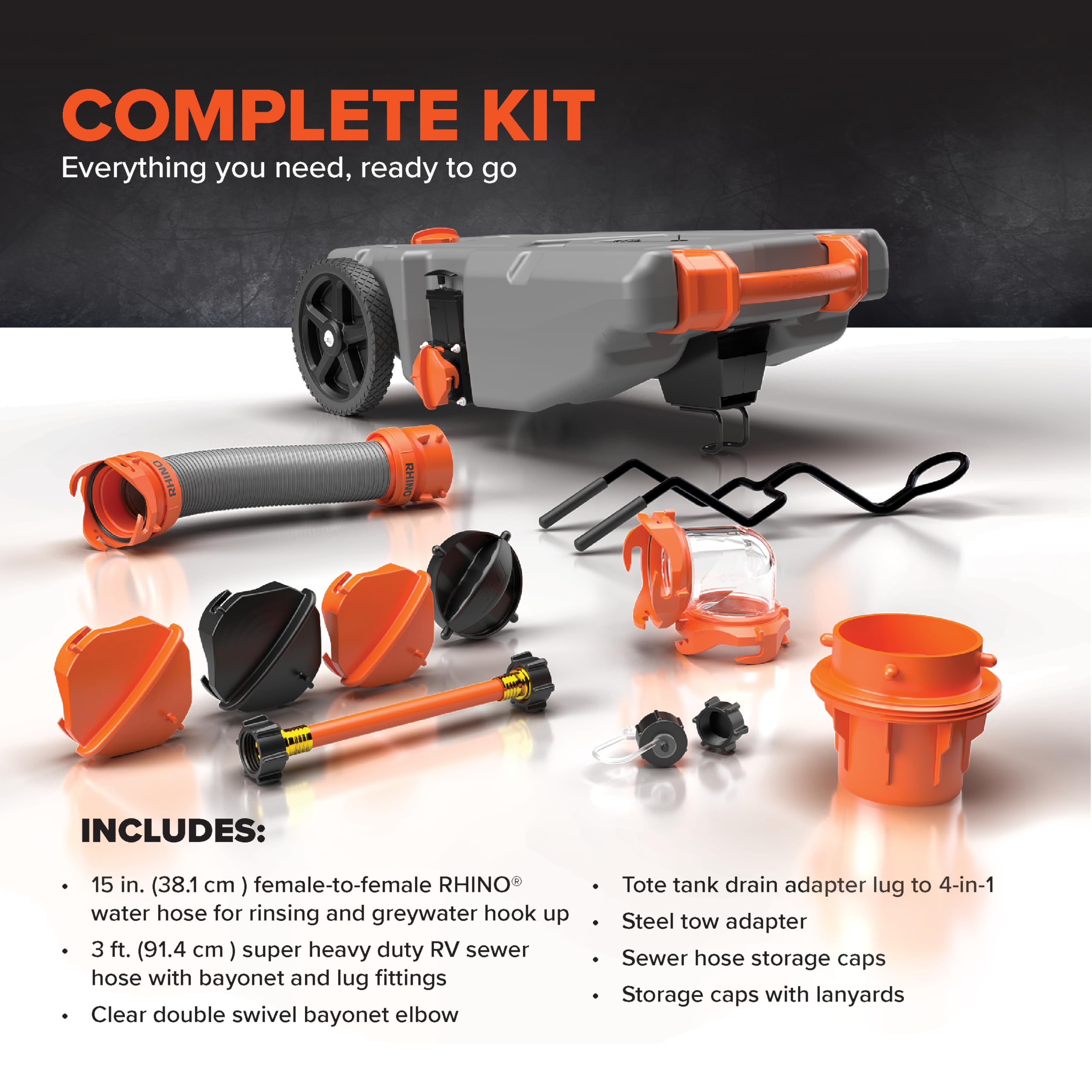 Camco Rhino 28-Gallon Camper/RV Tote Tank - Features Large Heavy-Duty No-Flat Wheels & Built-in Gate Valve - Removable Steel Tow Adapter, 3’ Sewer Hose & More RV Accessories (39004)