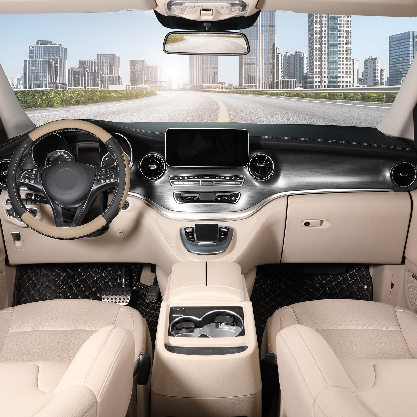 SEG Direct Car Steering Wheel Cover Universal Standard Size 14.5-15 inch, Black and Beige Microfiber Leather