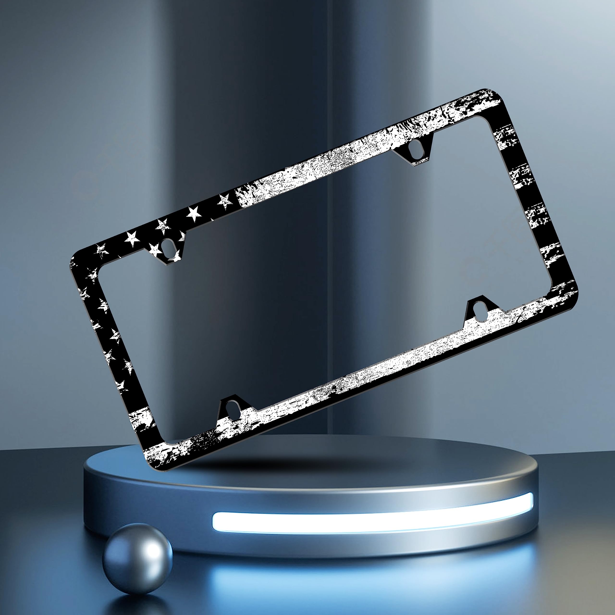 Vintage Black White American Flag License Plate Frame Patriotic Personalise Stainless Steel Funny Design Compatible With Standar