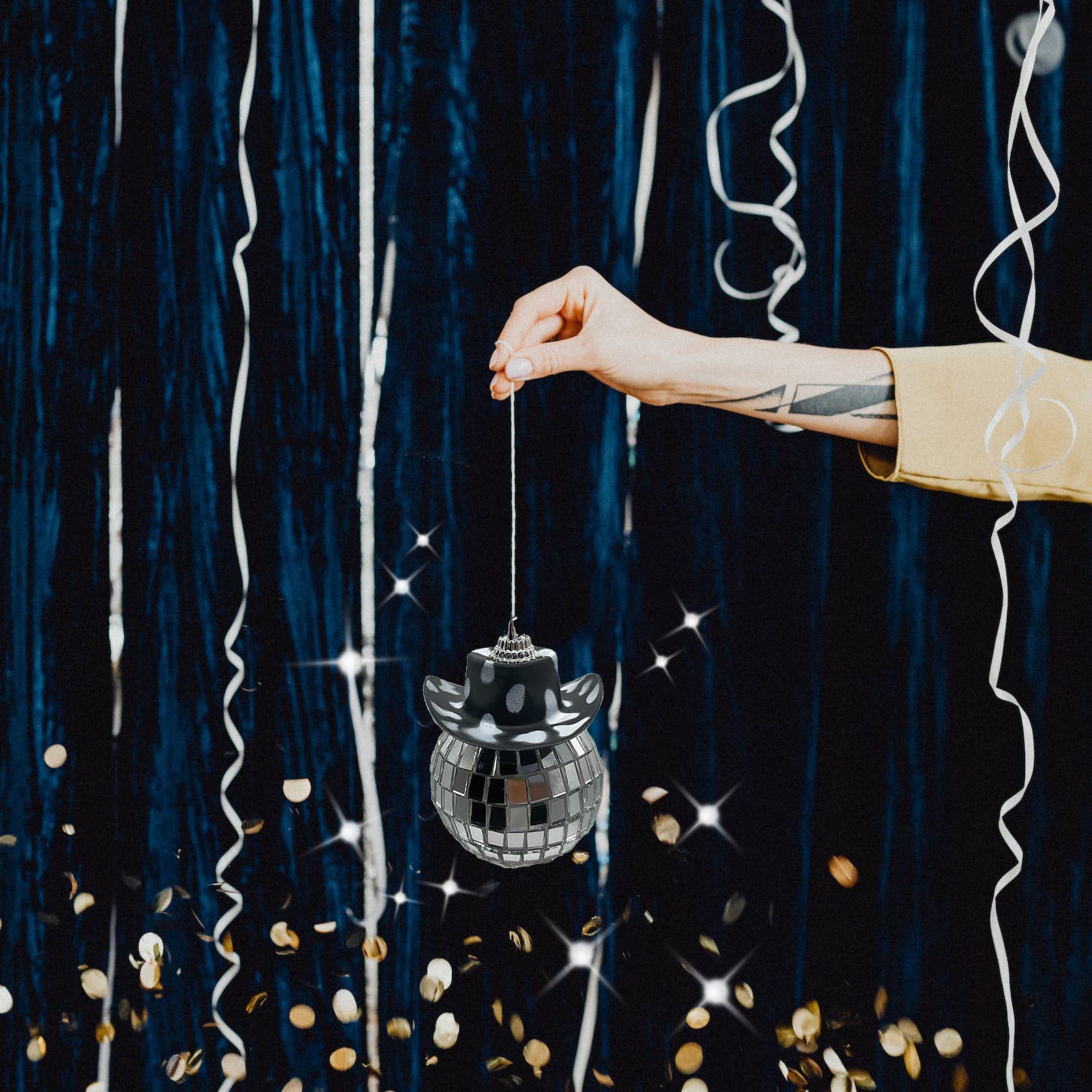 Spansee Black White Cow Print Car Accessories - Disco Ball for Rear View Mirror, Cowboy Hat - Black Accessories for Women