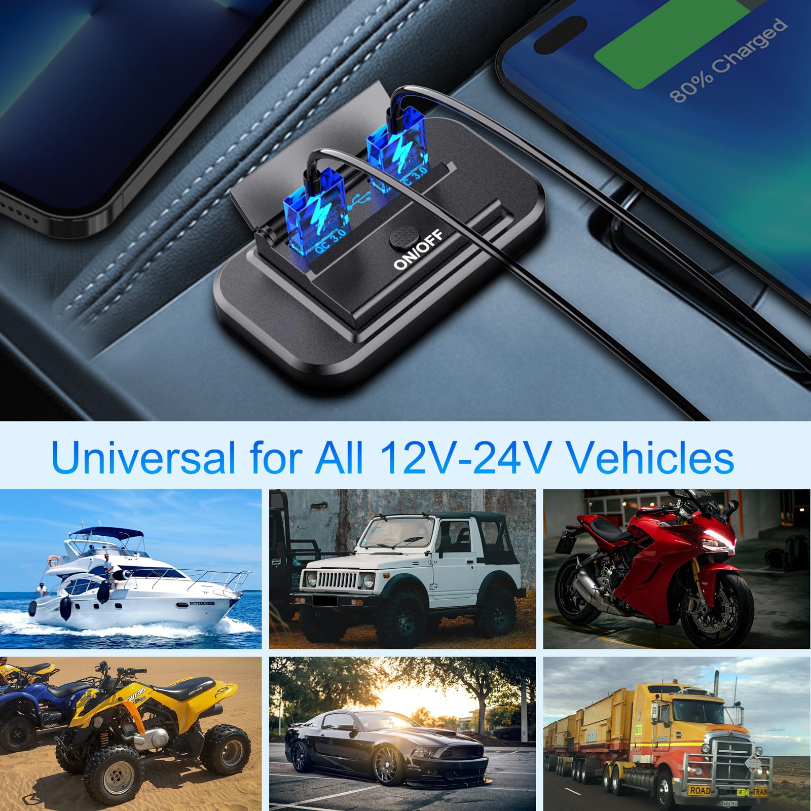 2 Pack 12V Usb Outlet Dual Quick Charge 3.0 Car Usb Ports: 12 Volt Power Outlet Usb Panel Wall Mount Car Charger Socket For Marine Rv Motorcycle Boat Car Truck, Etc. (Surface Mount Installation)