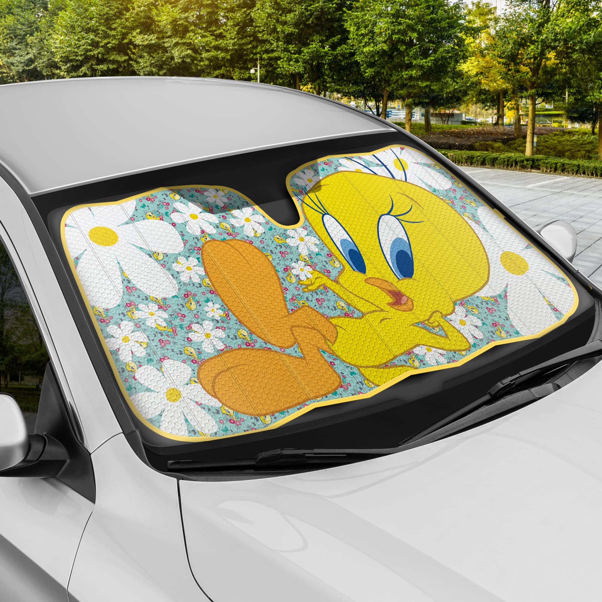 Bdk Warner Bros Looney Tunes Tweety Bird Windshield Sun Shade - Accordion Folding Uv Block Double Bubble 58 X 27 In Car Accessor