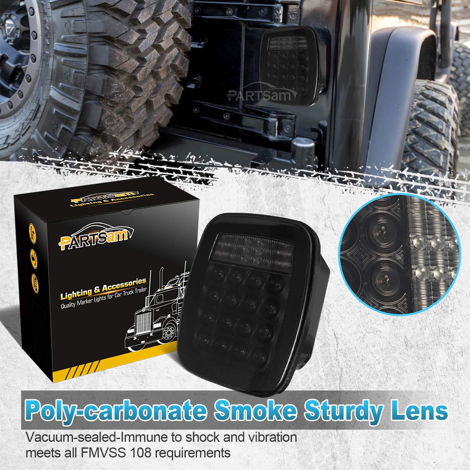 Partsam 2Pcs Universal Smoked Square Combination 38 Led Signal Tail Lights W/License Plate Lights Flatbed Trucks Brake Stop Turn