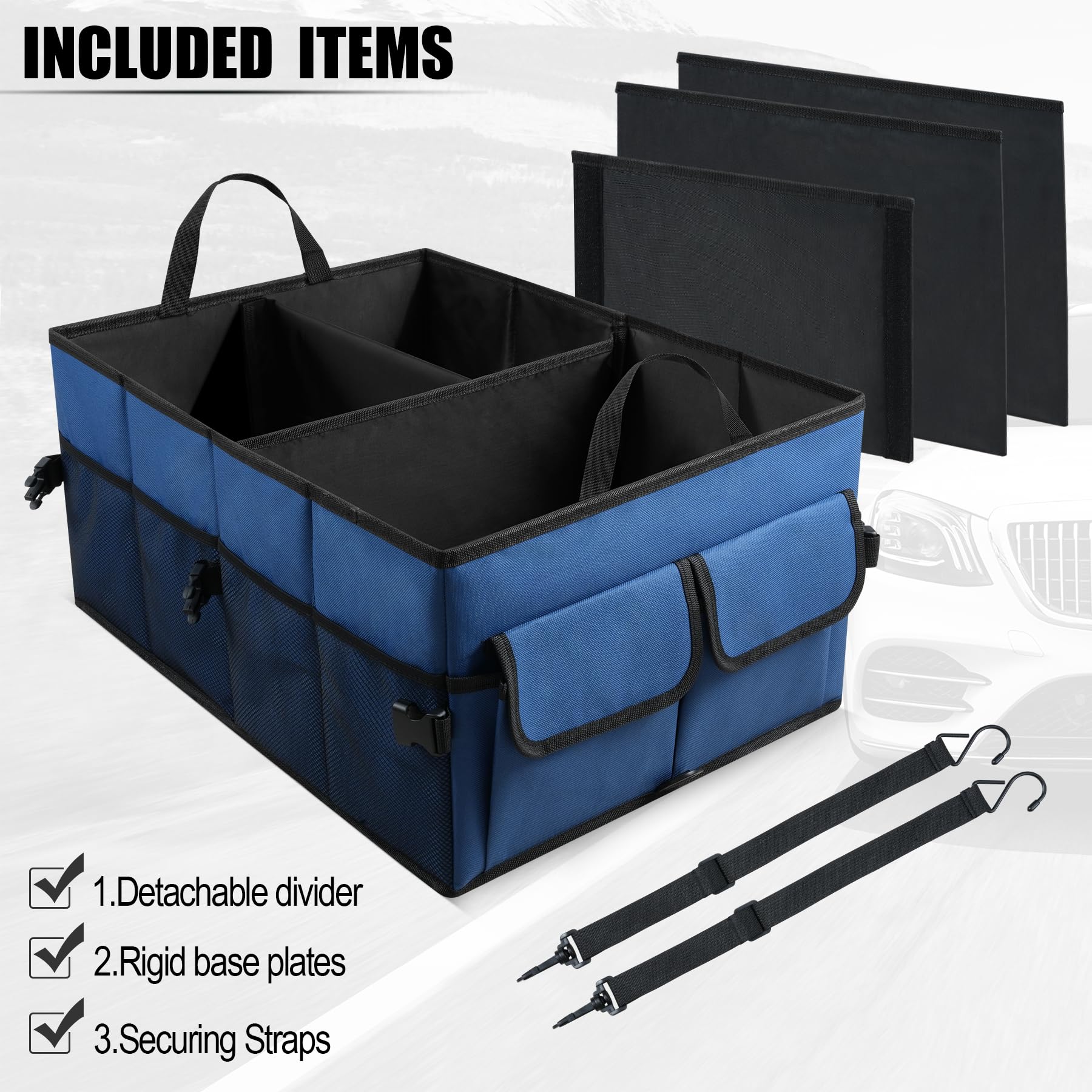 UYYE Auto Collapsible Trunk Organizer, 3 Large Compartments and 6 Pockets Durable for Cargo Storage, Easy to Storage Tools With