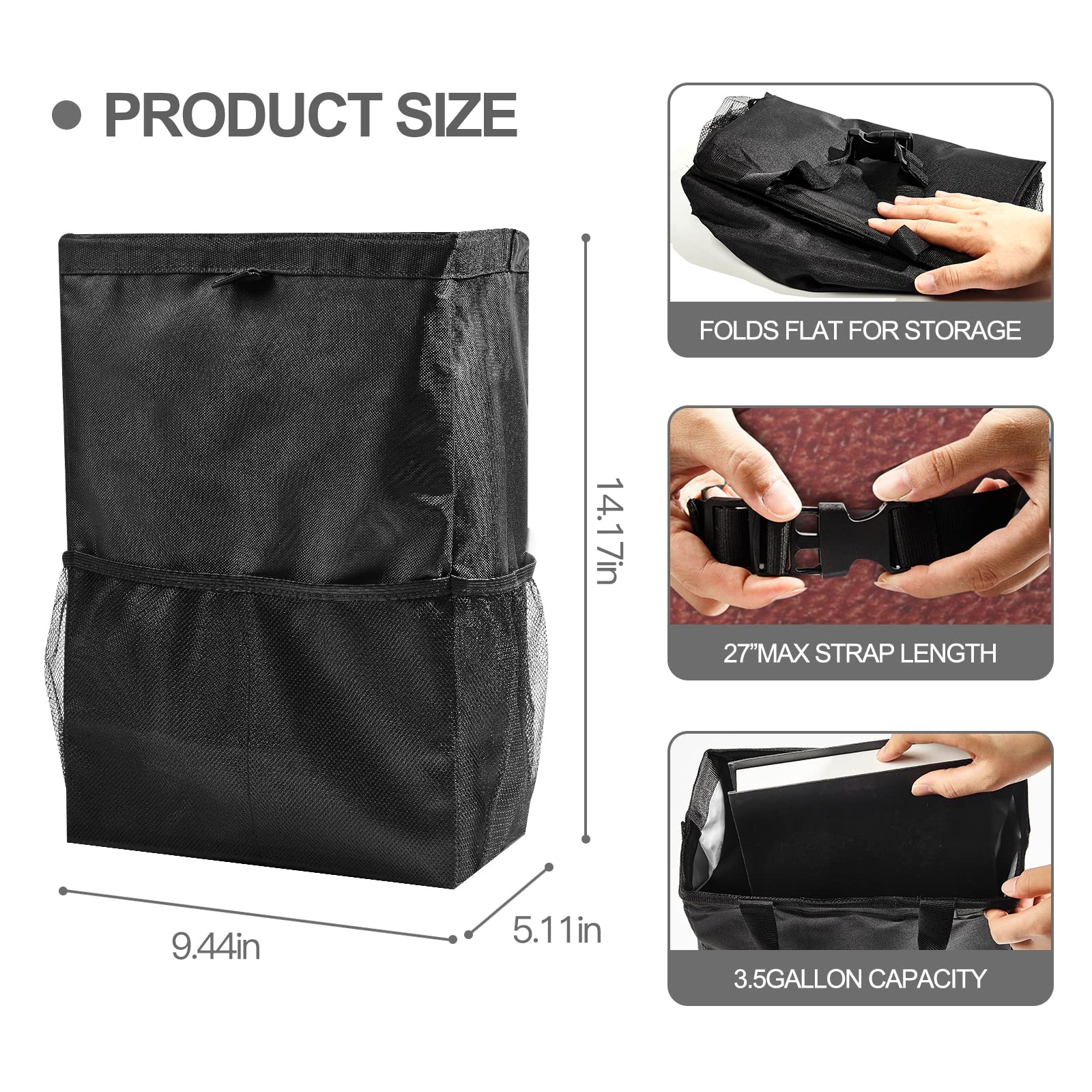 Wplhb Hanging Car Trash Bag, Washable Eco-Friendly Car Trash Can, Car Garbage Bag With Storage Pockets, For Outdoor Traveling Vehicles (Black)