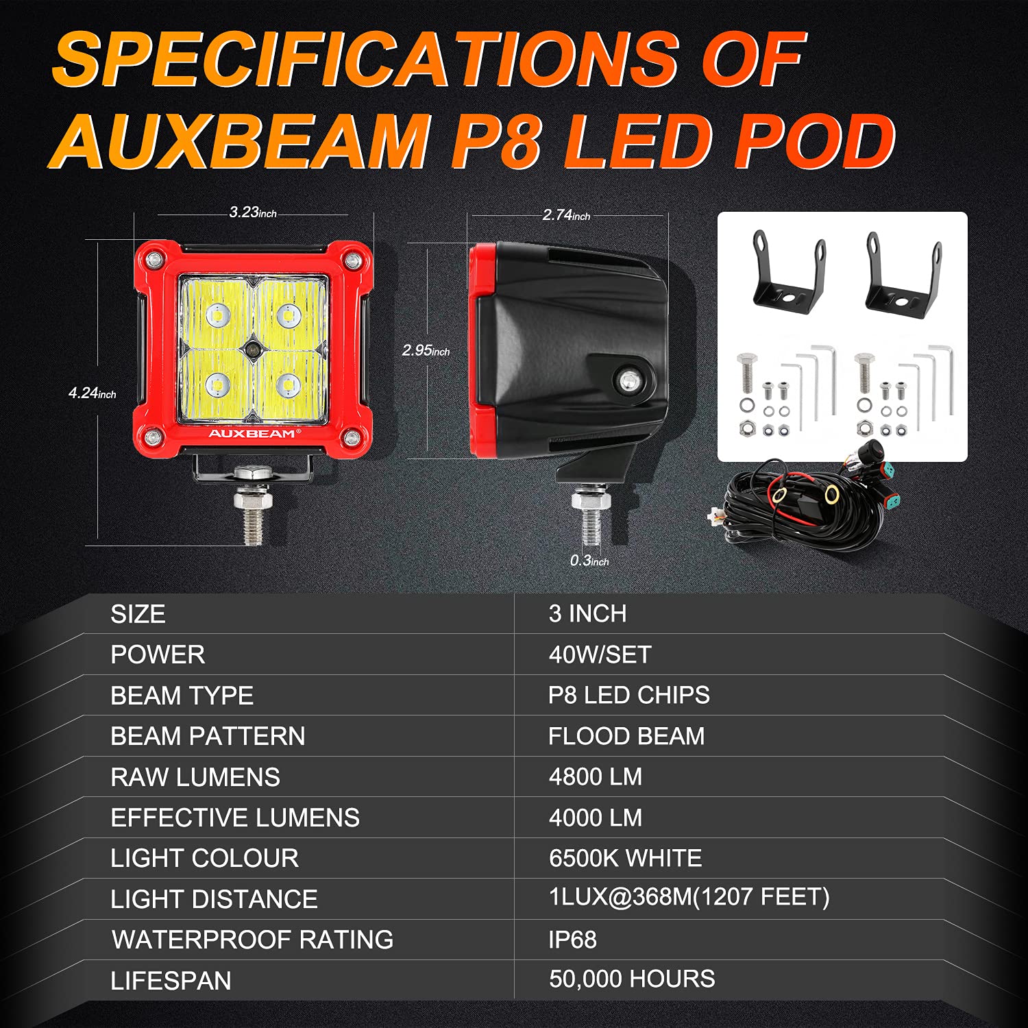 Auxbeam Fa Series Flood Beam 3 Inch 40W Cube Led Pods, Red Shell Ditch Light Bar 4800Lm, Off-Road Driving Hood Lights For 4Wd Je